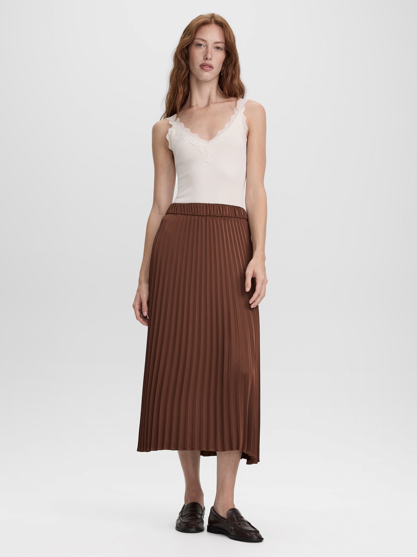 Pleated Satin Midi Skirt