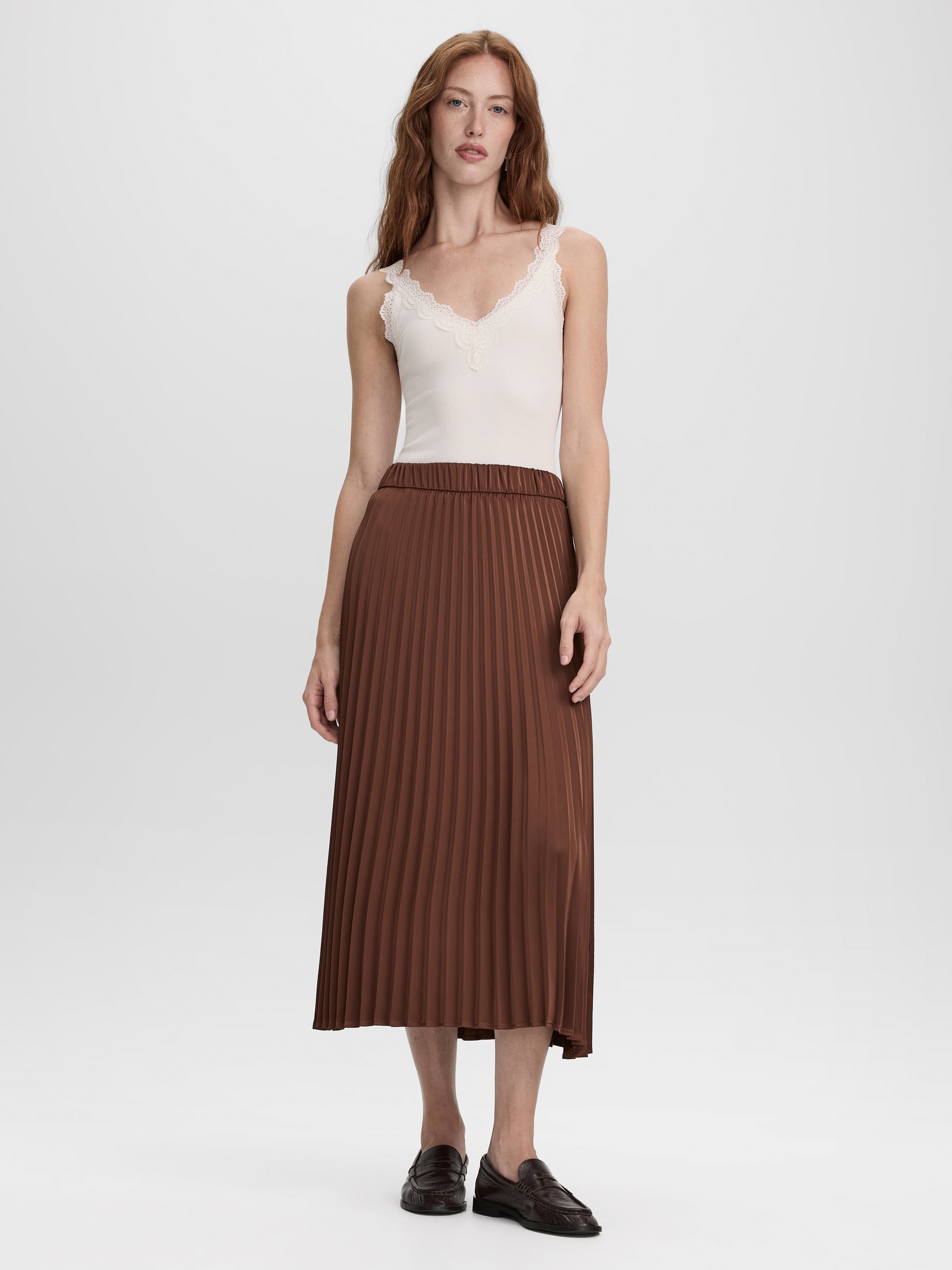 Pleated Satin Midi Skirt