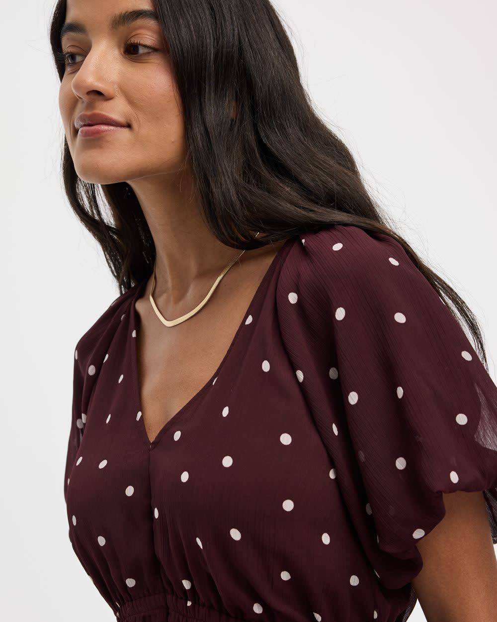 Short-Bubble-Sleeve V-Neck Blouse