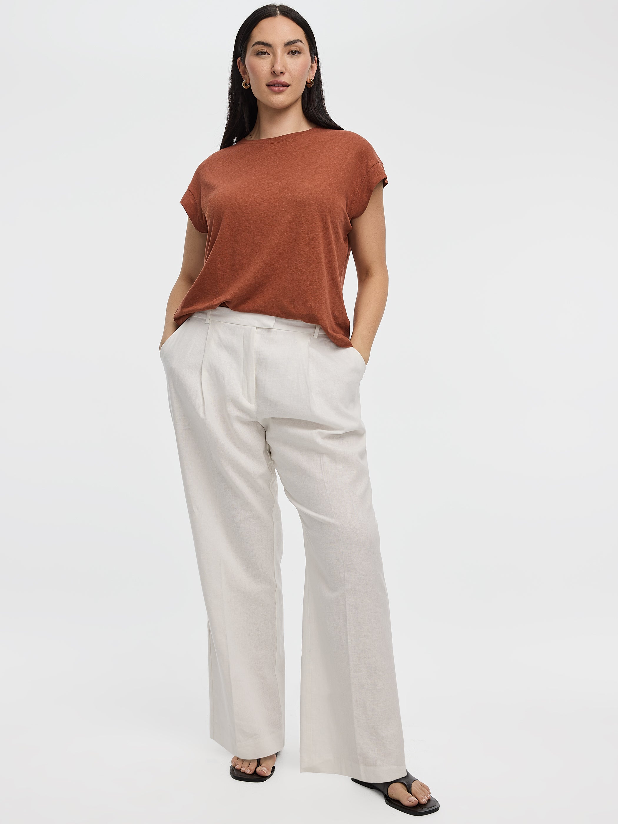 Pantalon en mélange de lin à jambe droite et taille haute - Coupe Courbes