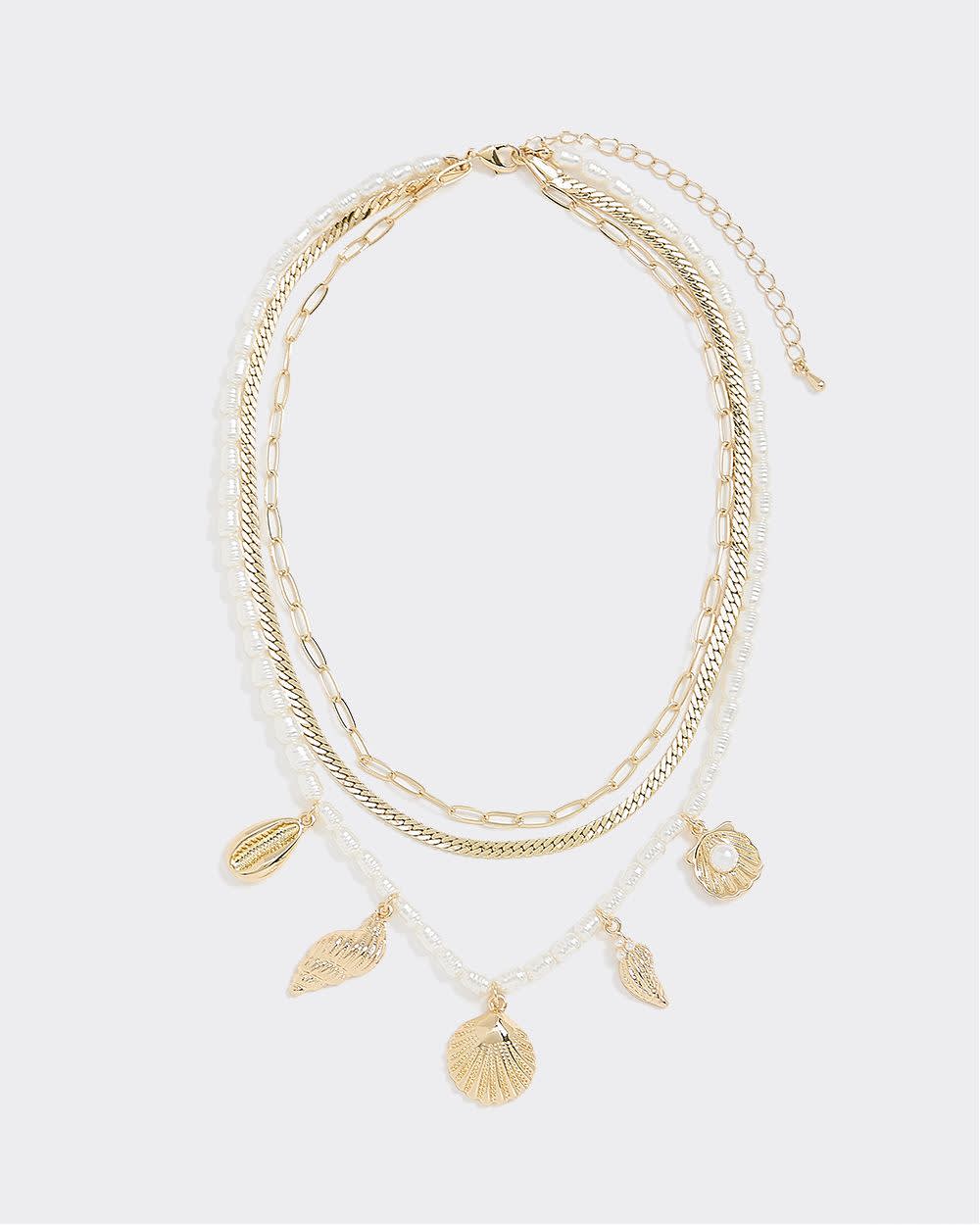 Multilayer Short Necklace with Pearls and Seashell Charms