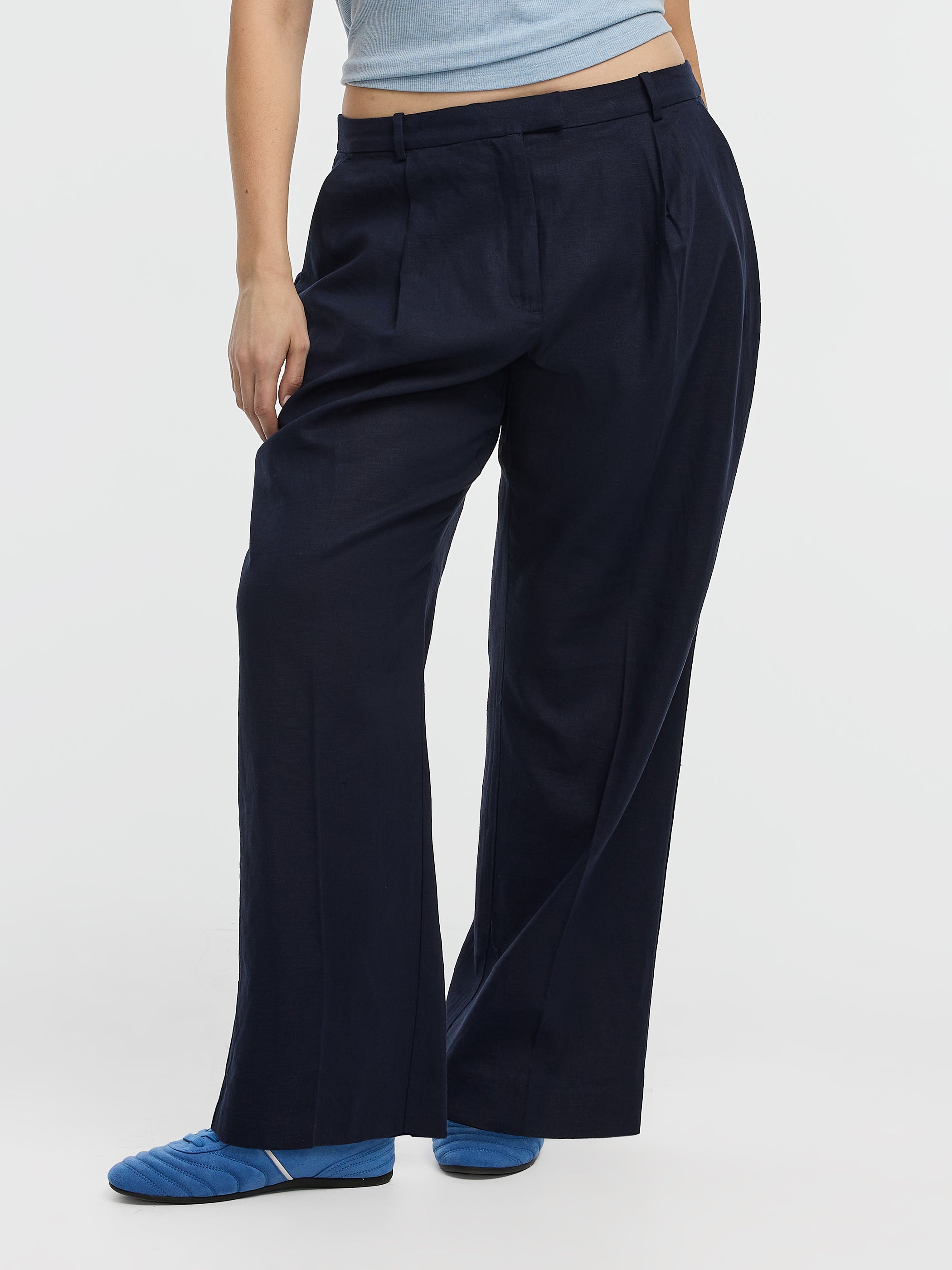 Pantalon en mélange de lin à jambe droite et taille haute - Coupe Courbes