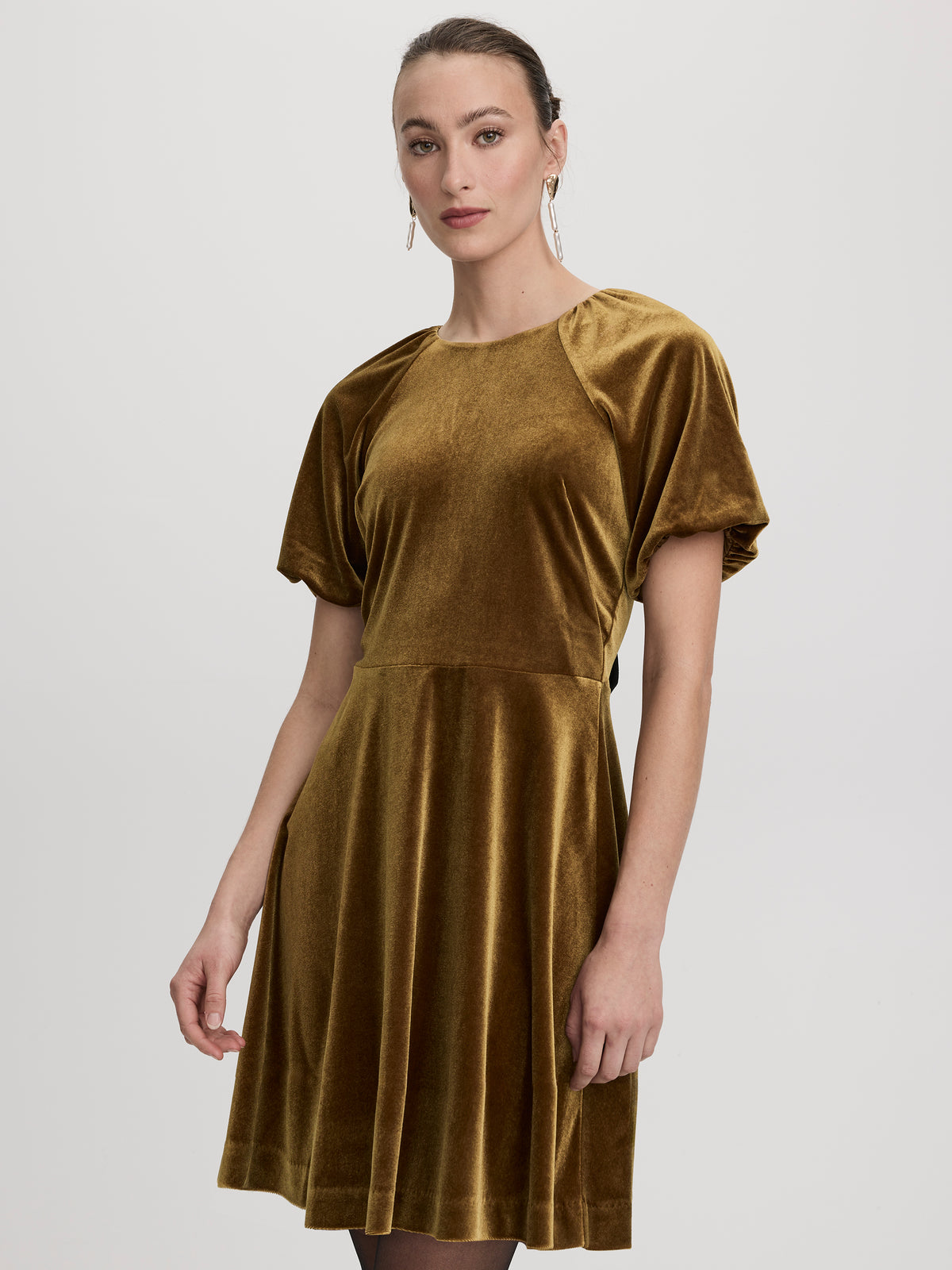 Elbow-Sleeve Velvet Mini Dress with Bow