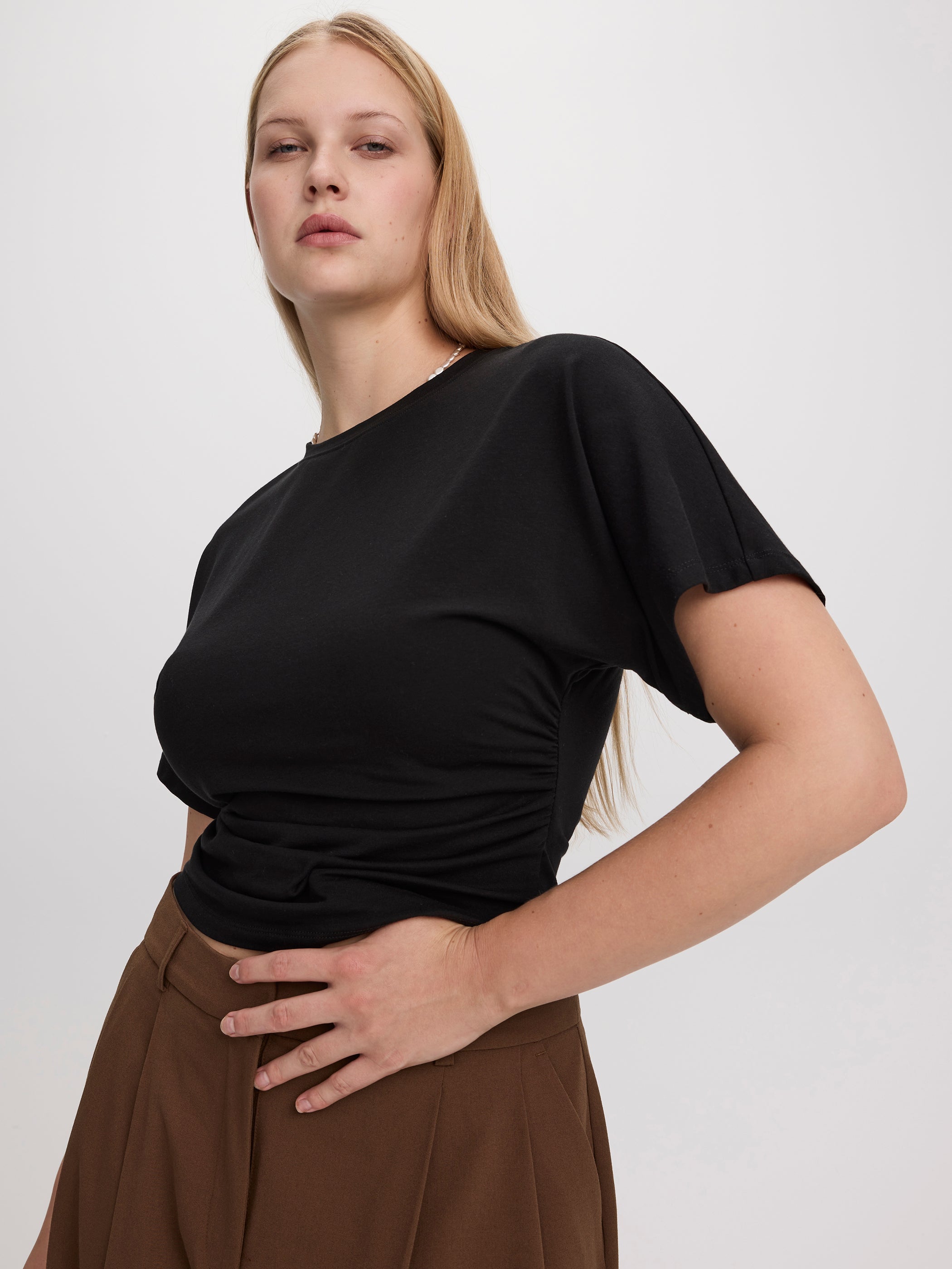 Short-Sleeve Crew-Neck Tee with Shirred Sides