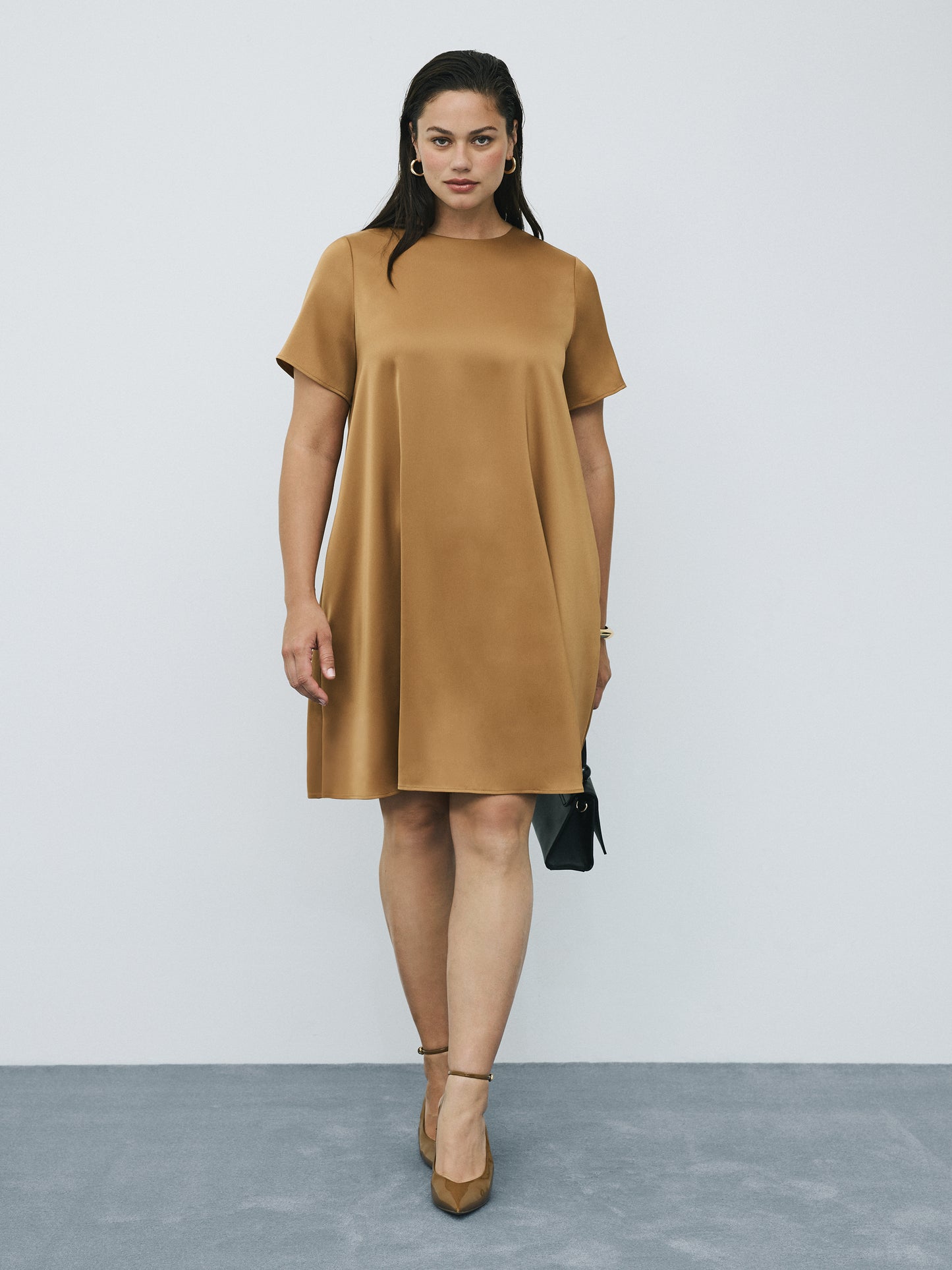 Short-Sleeve Crew-Neck Swing Satin Mini Dress
