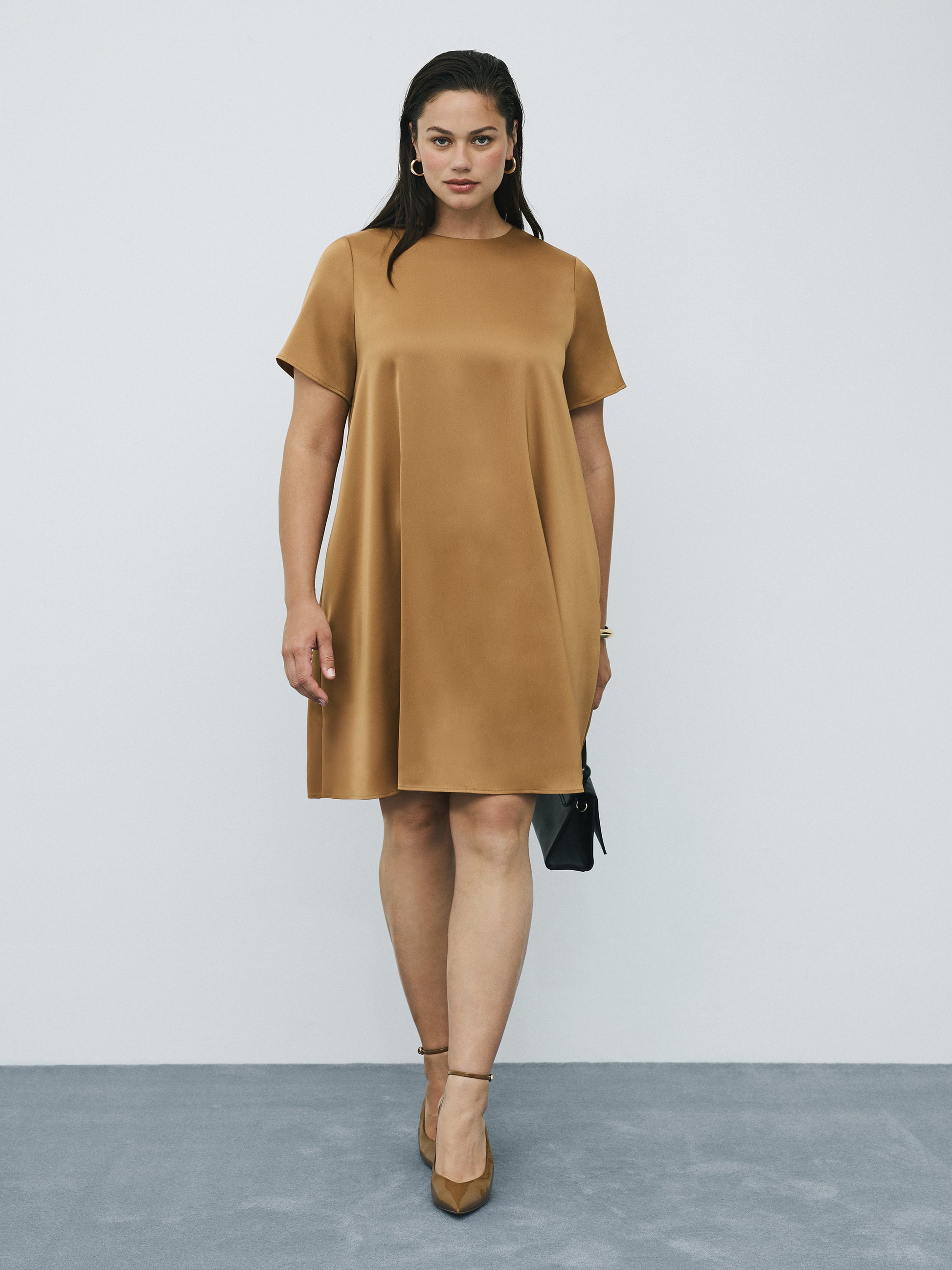 Short-Sleeve Crew-Neck Swing Satin Mini Dress