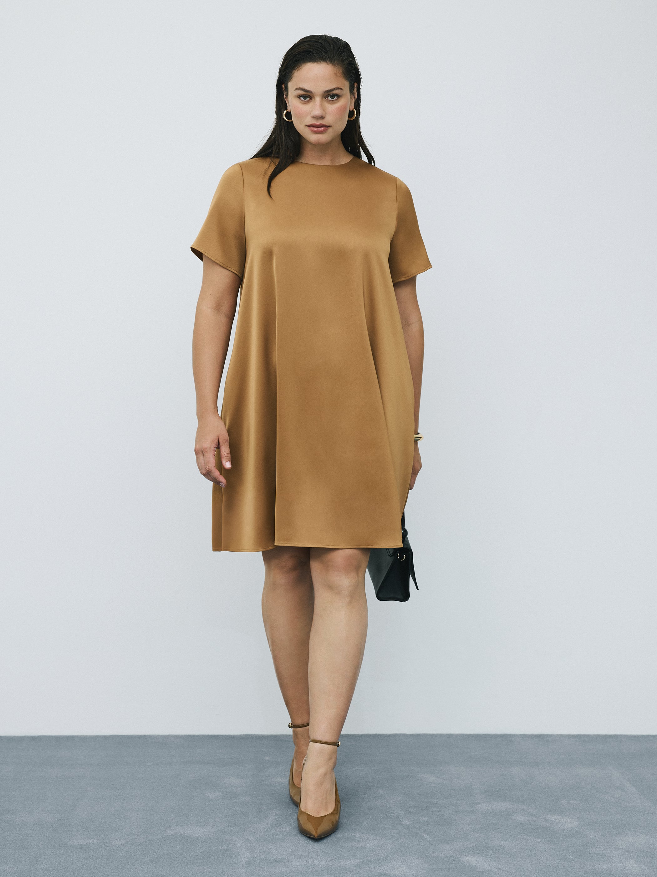 Short-Sleeve Crew-Neck Swing Satin Mini Dress