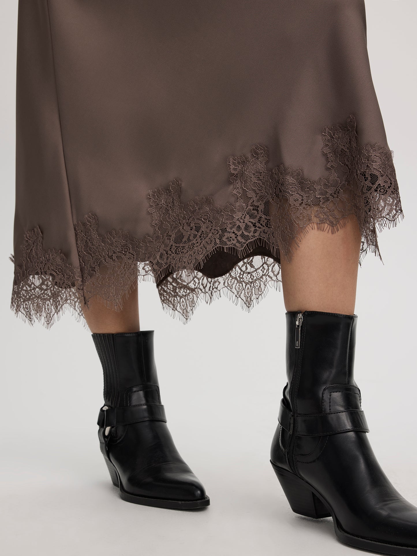 Satin Midi Skirt with Lace Trim