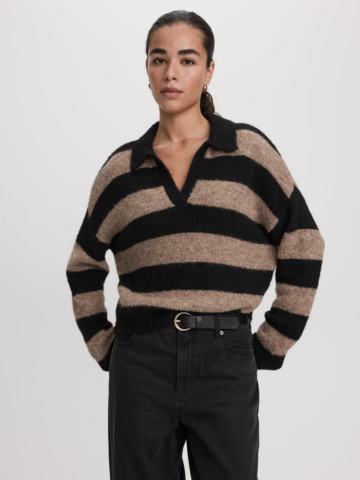 Striped Long-Sleeve Boxy Sweater with Johnny Collar