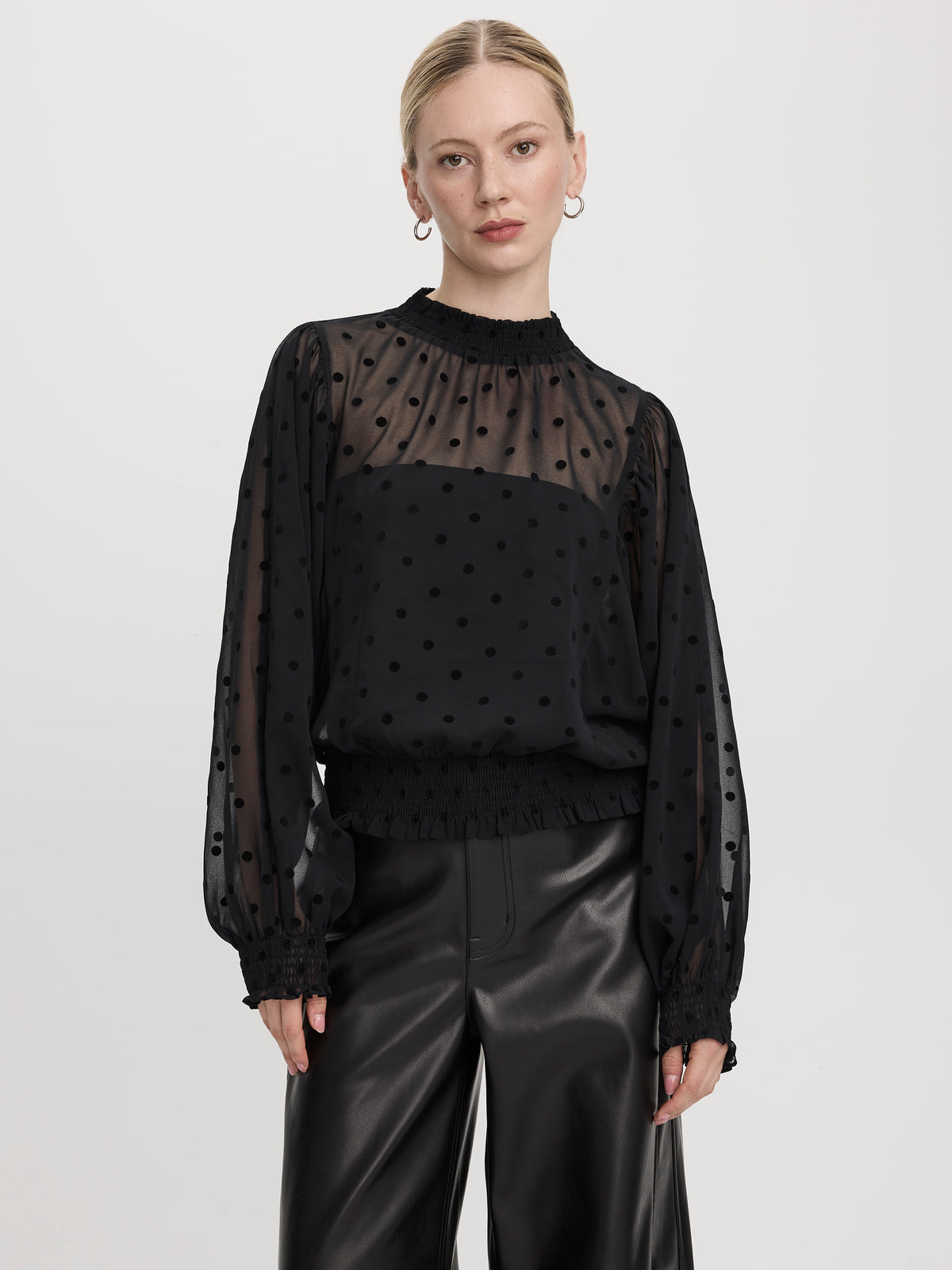 Sheer Long-Sleeve Mock-Neck Blouse with Dots