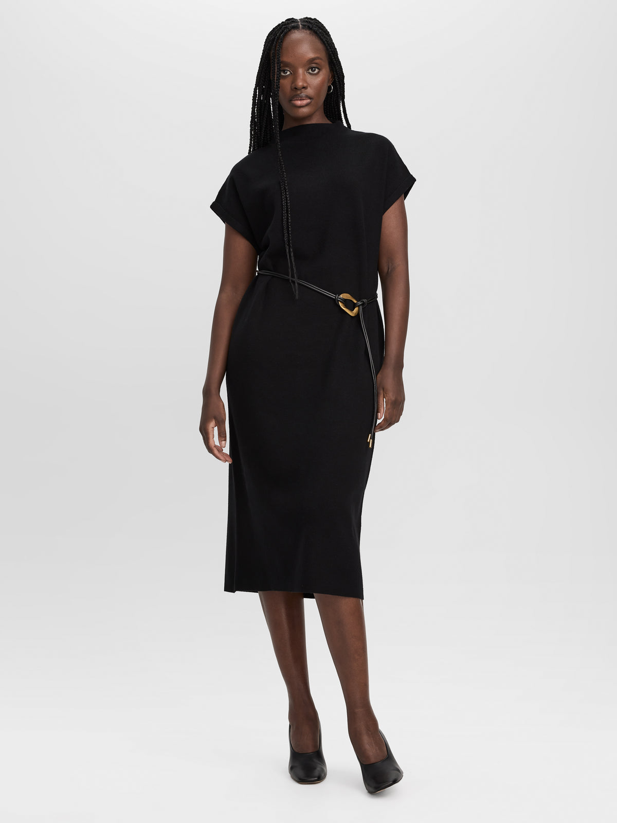 Short-Sleeve Mock-Neck Midi Sweater Dress