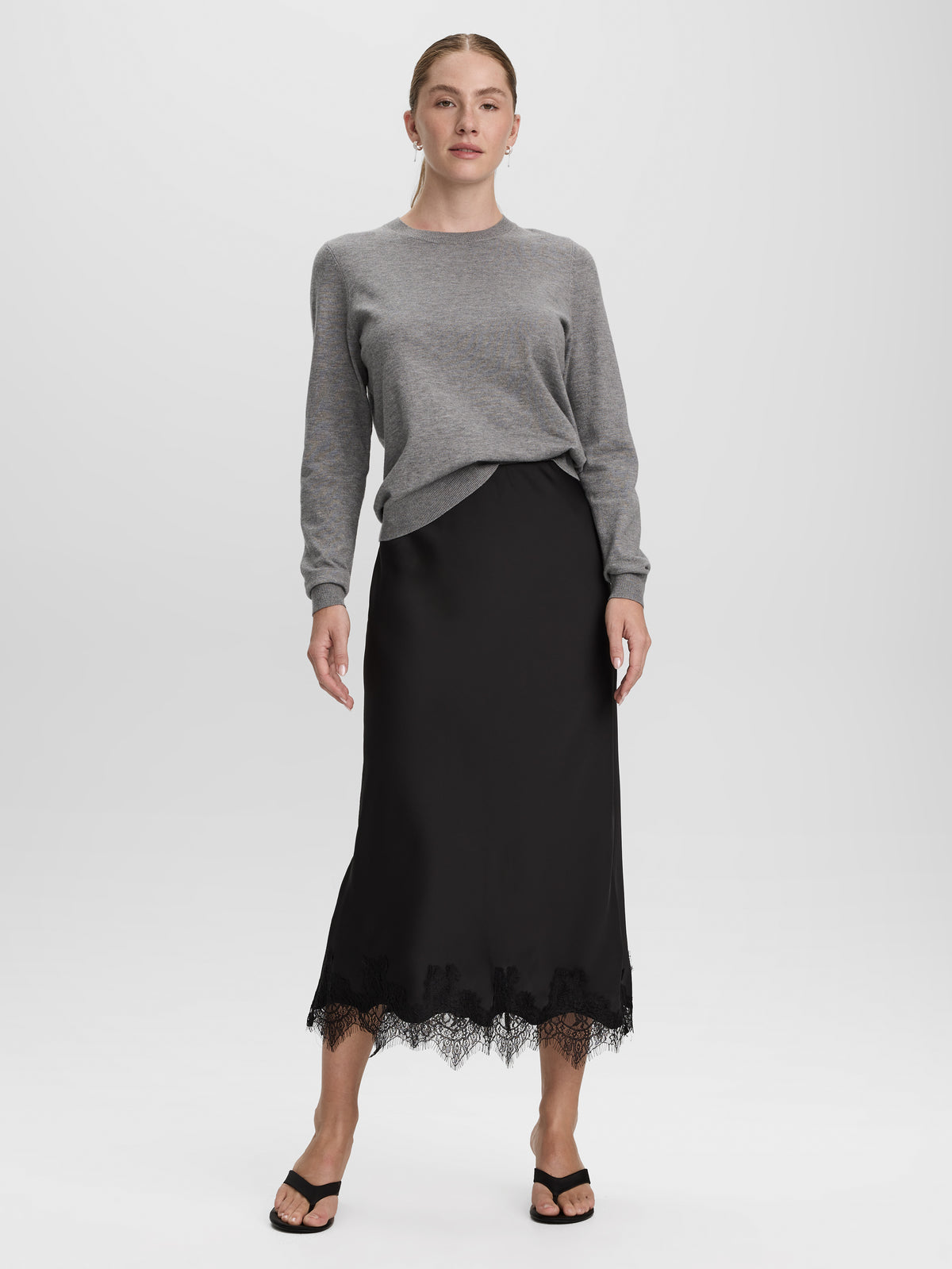Satin Midi Skirt with Lace Trim