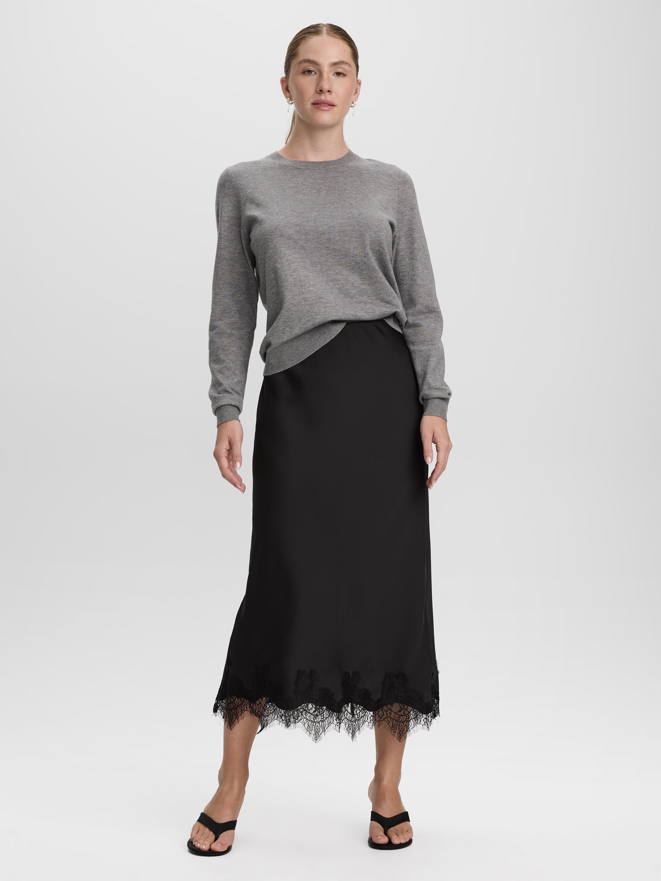 Satin Midi Skirt with Lace Trim
