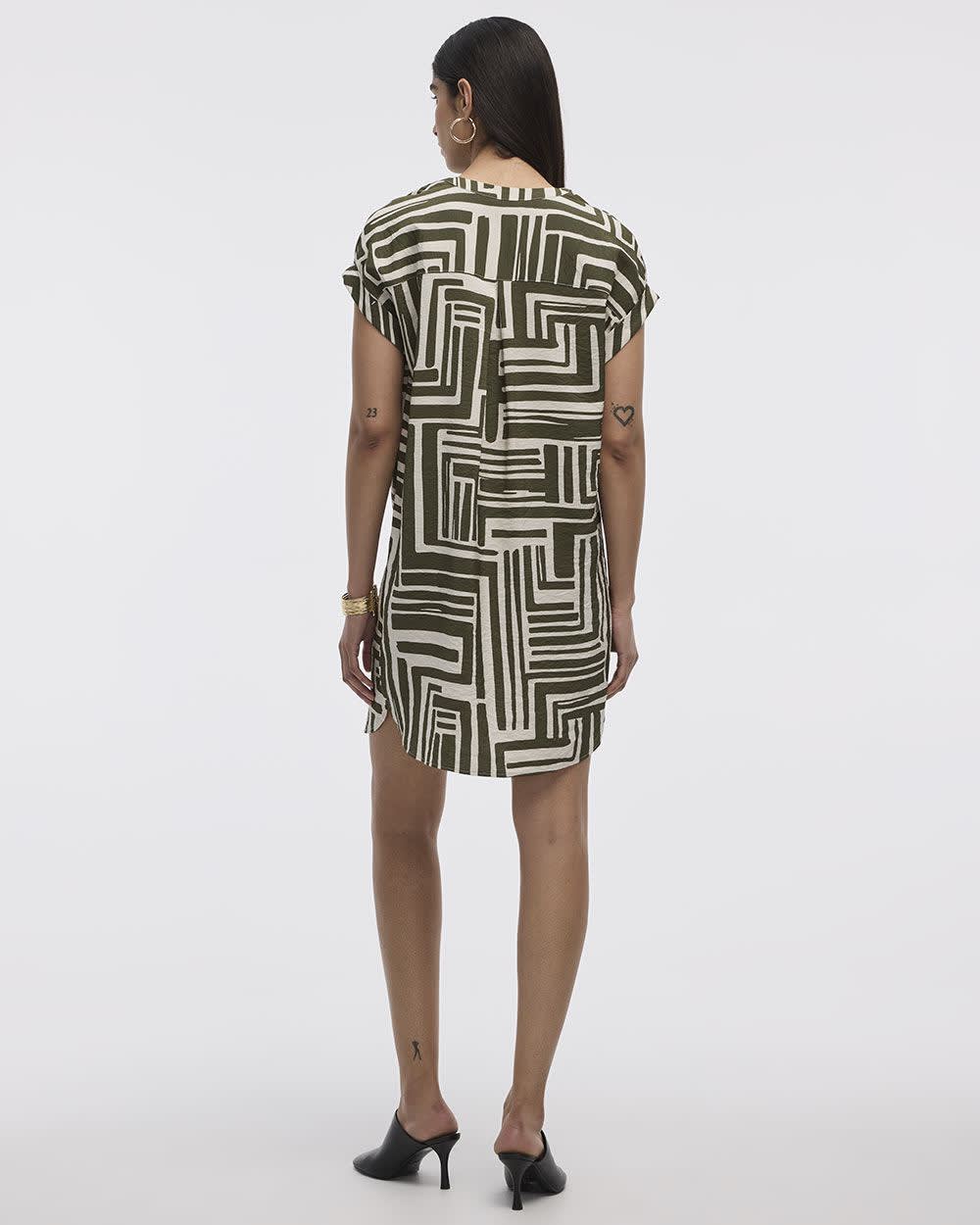 Extended-Sleeve Shift Dress with Split Neckline