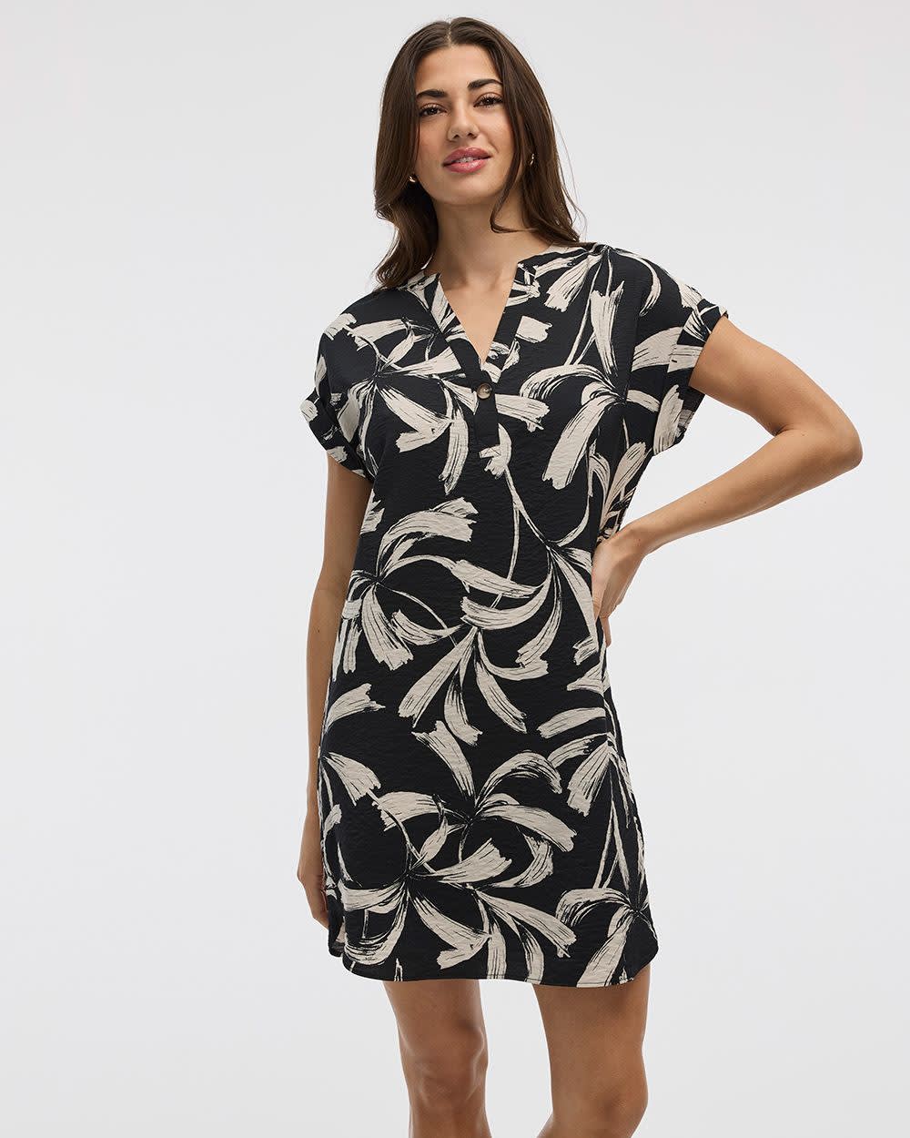 Extended-Sleeve Shift Dress with Split Neckline