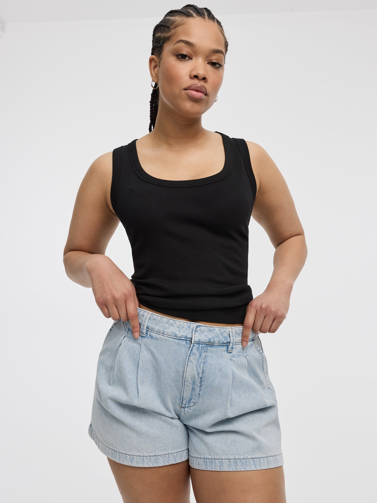 Pleated Denim Shorts