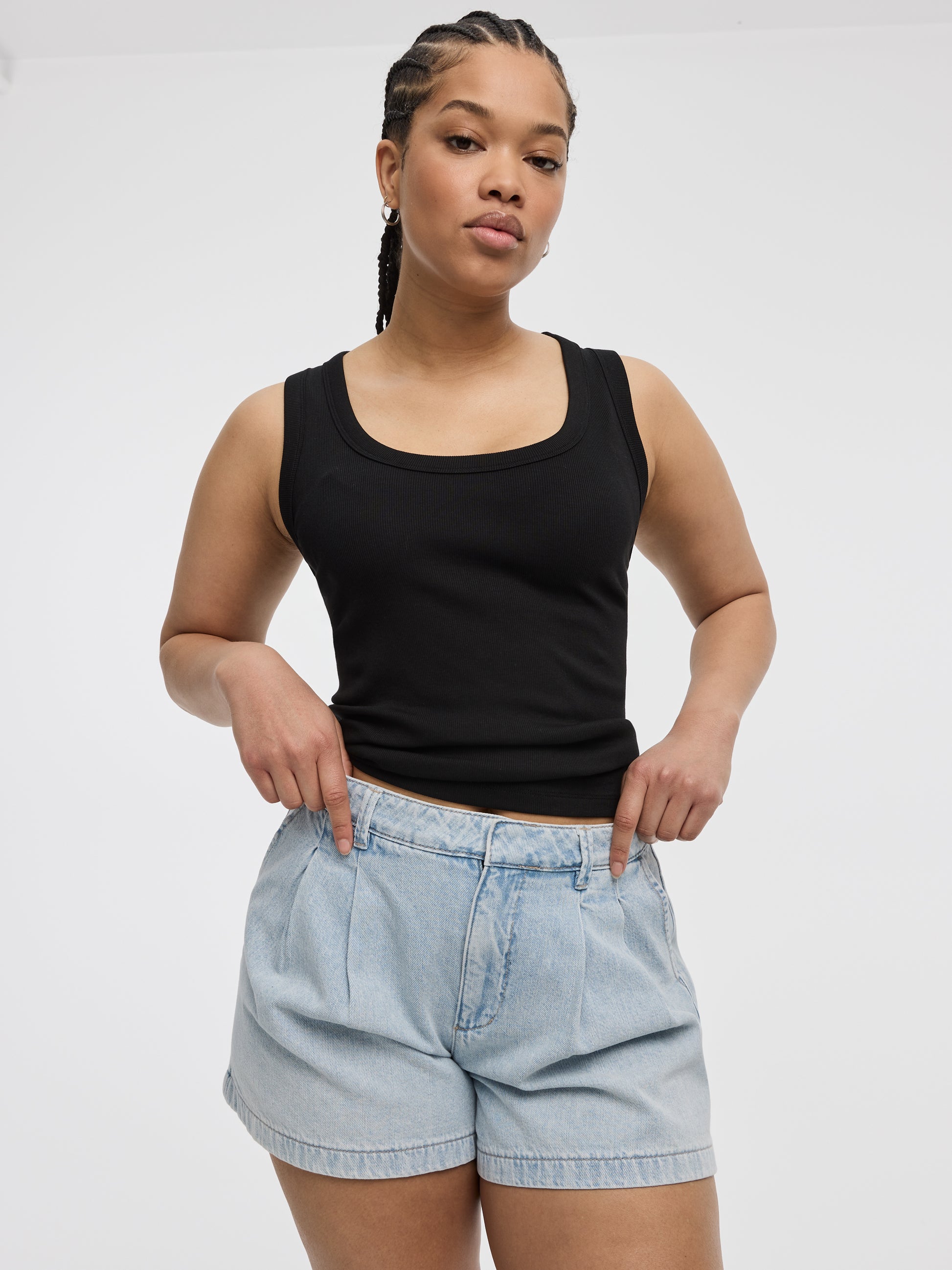 Pleated Denim Shorts