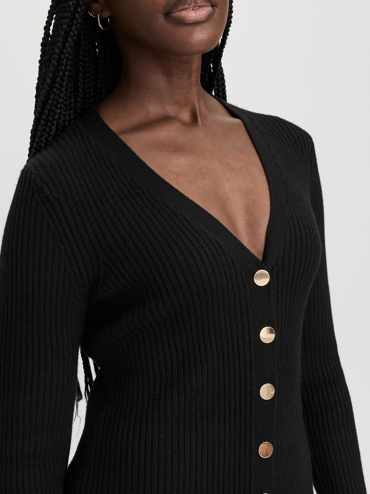 Long-Sleeve V-Neck Buttoned-Down Midi Dress