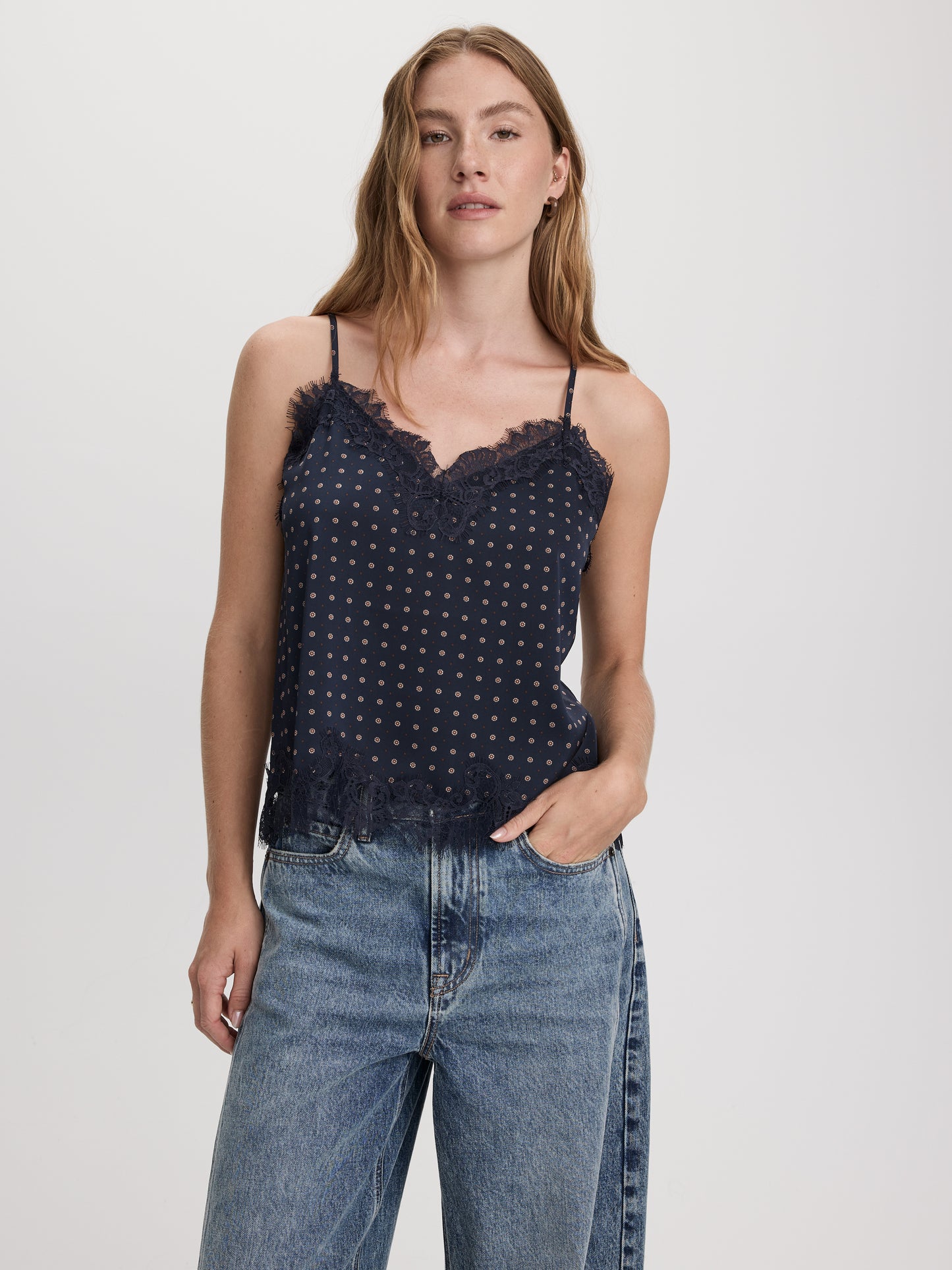 V-Neck Cami with Lace Trim
