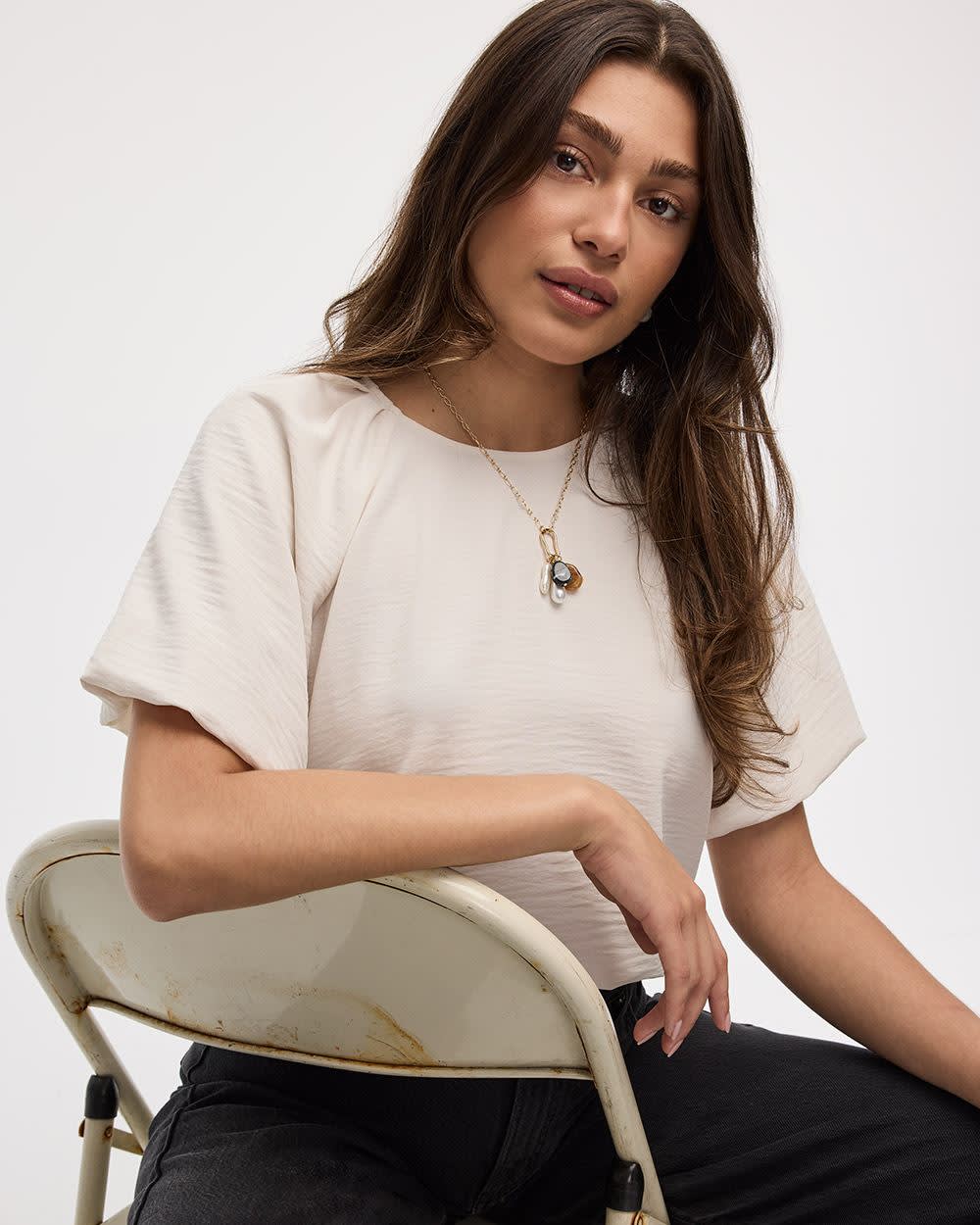 Short-Bubble-Sleeve Crew-Neck Blouse