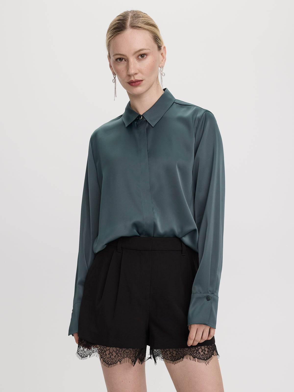 Long-Sleeve Loose Satin Blouse