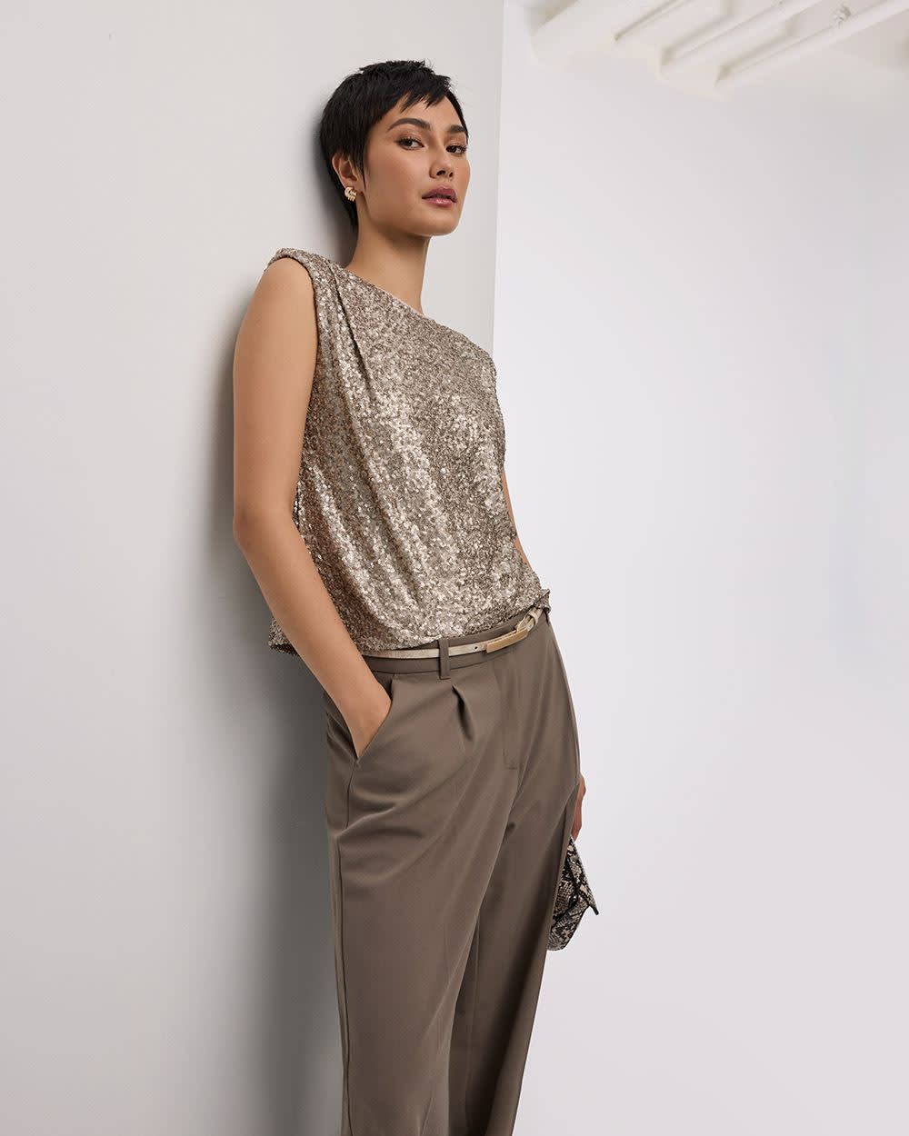 Extended-Sleeve Crew-Neck Sequins Top