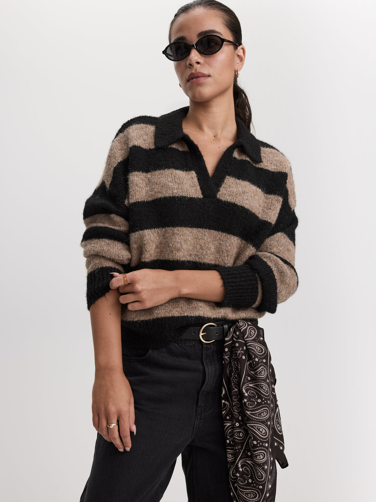Striped Long-Sleeve Boxy Sweater with Johnny Collar