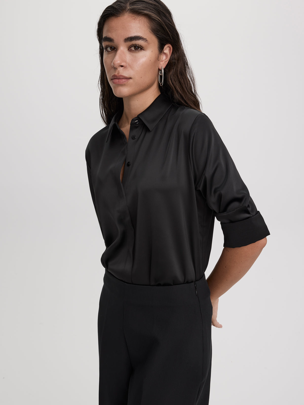 Long-Sleeve Loose Satin Blouse