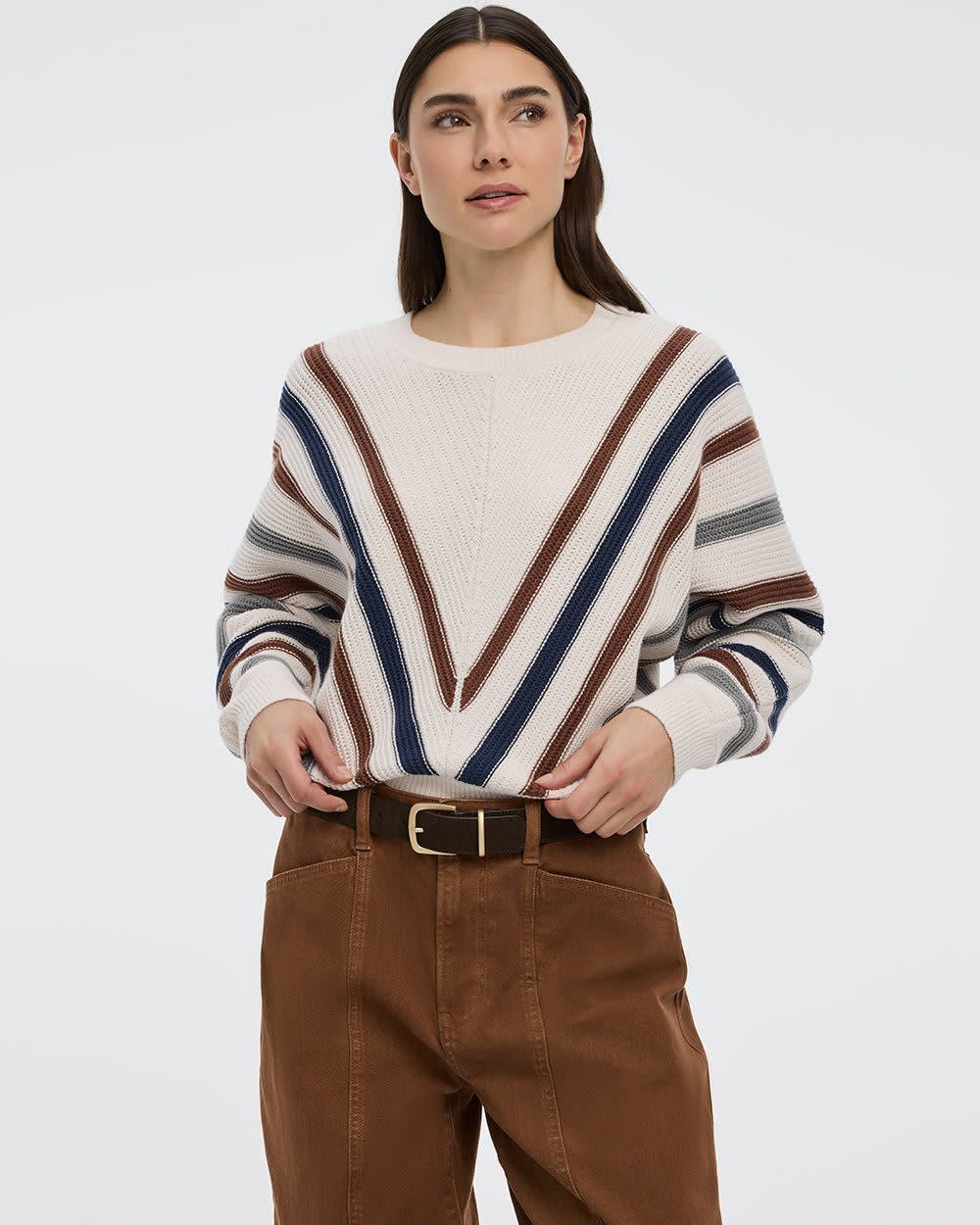 Striped Long-Dolman-Sleeve Crew-Neck Pullover