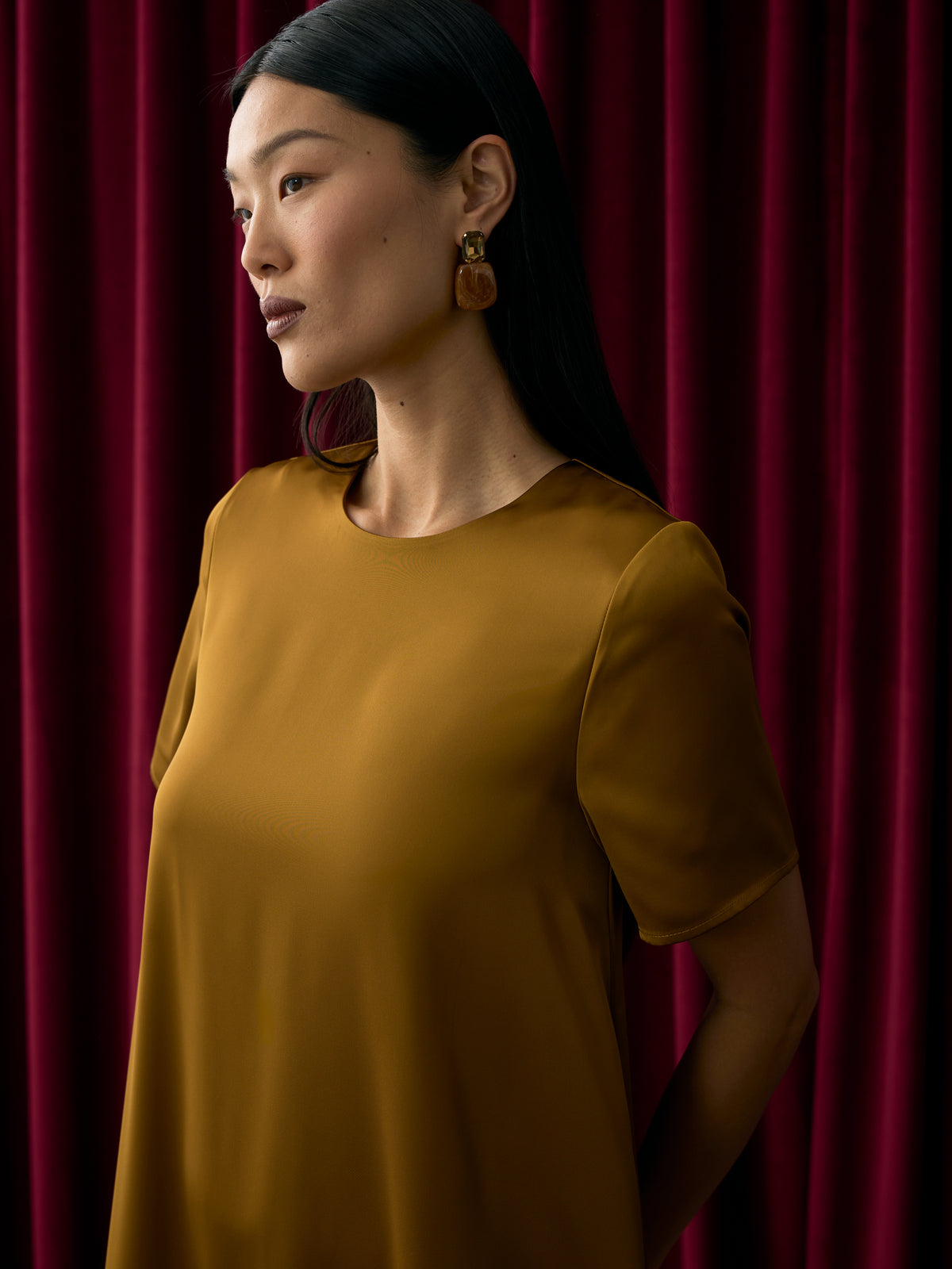 Short-Sleeve Crew-Neck Satin Maxi Dress