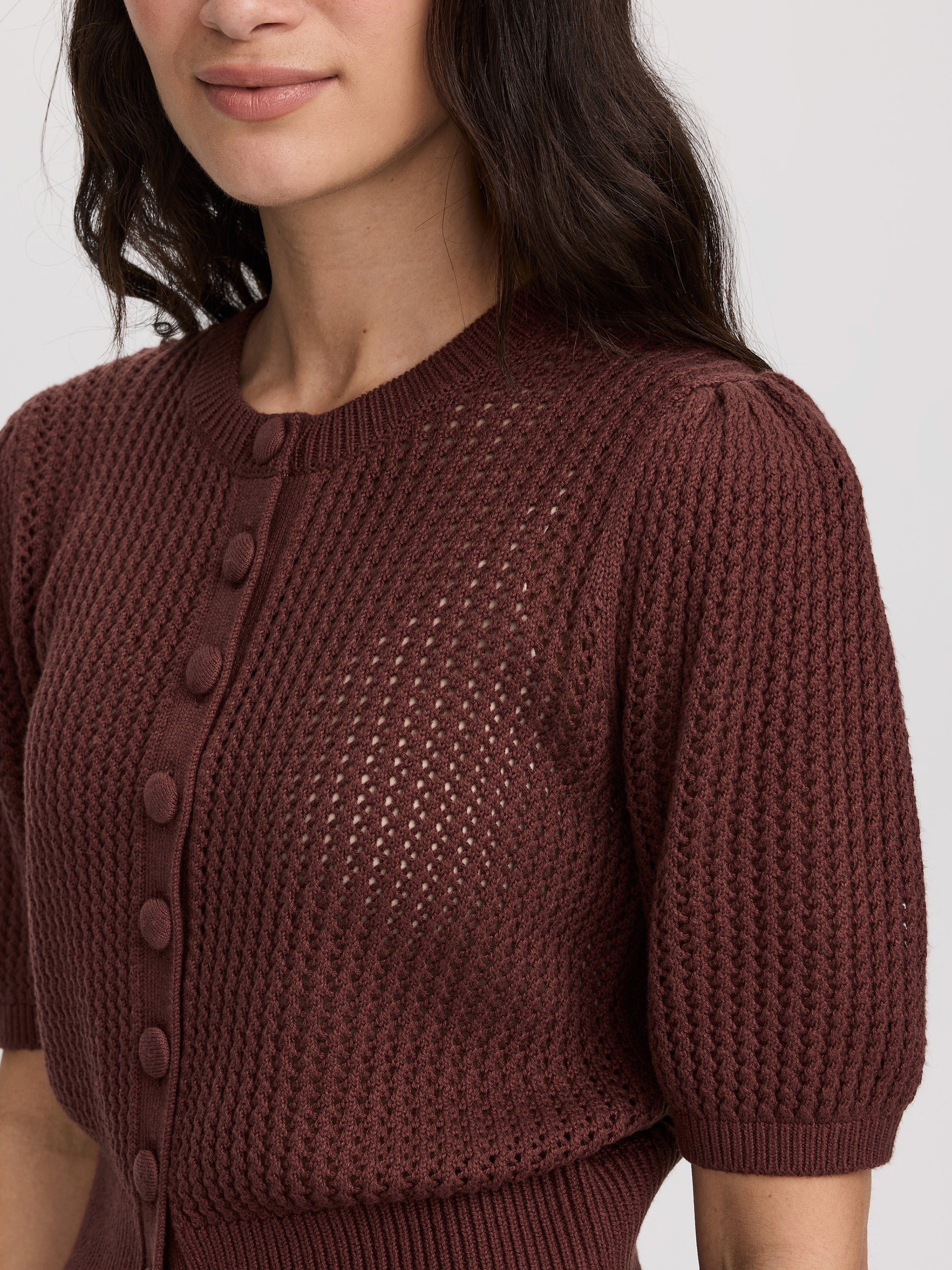 Short-Sleeve Crew-Neck Cardigan with Pointelle Stitches