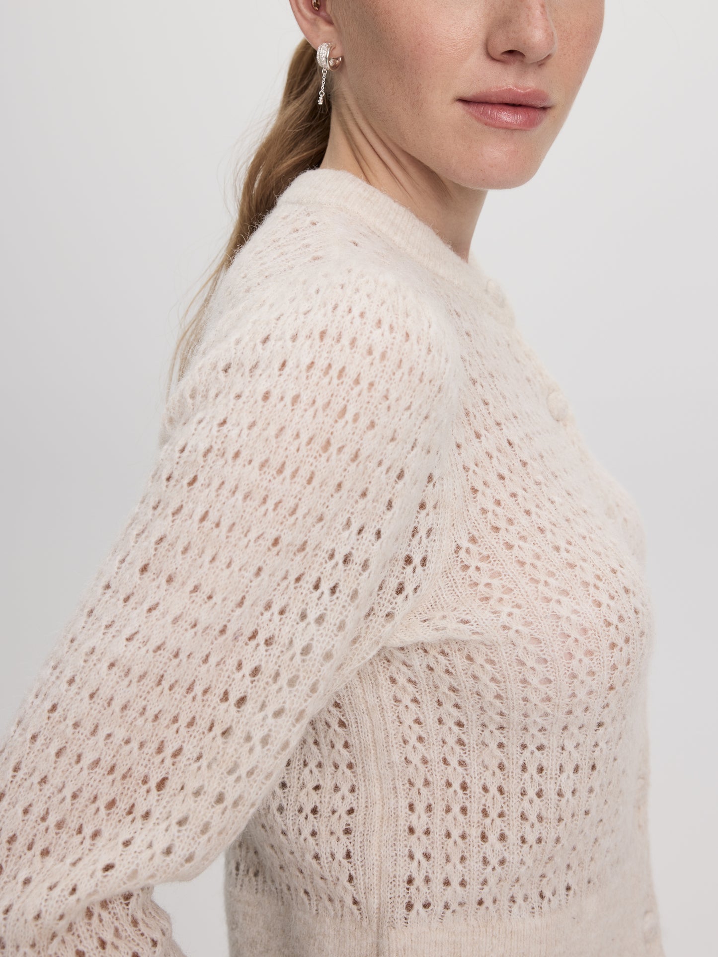 Long-Sleeve Crew-Neck Cardigan with Open Stitches