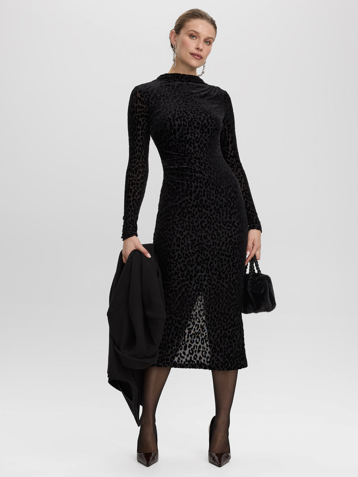 Long-Sleeve Bodycon Midi Dress with Burnout Pattern