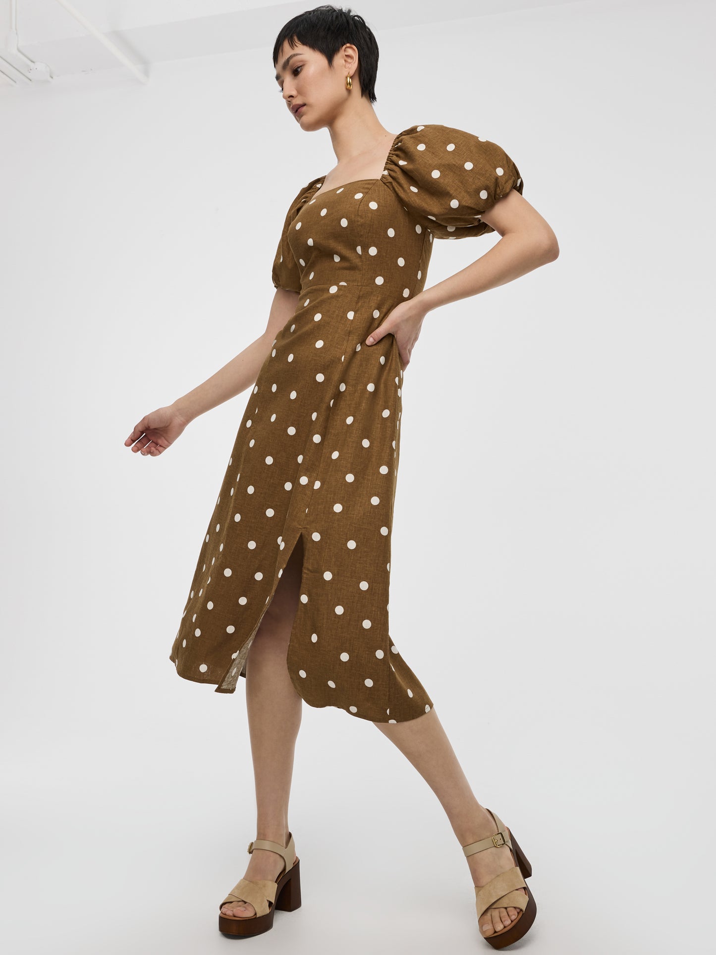 Square-Neck Midi Dress with Bubble Sleeves