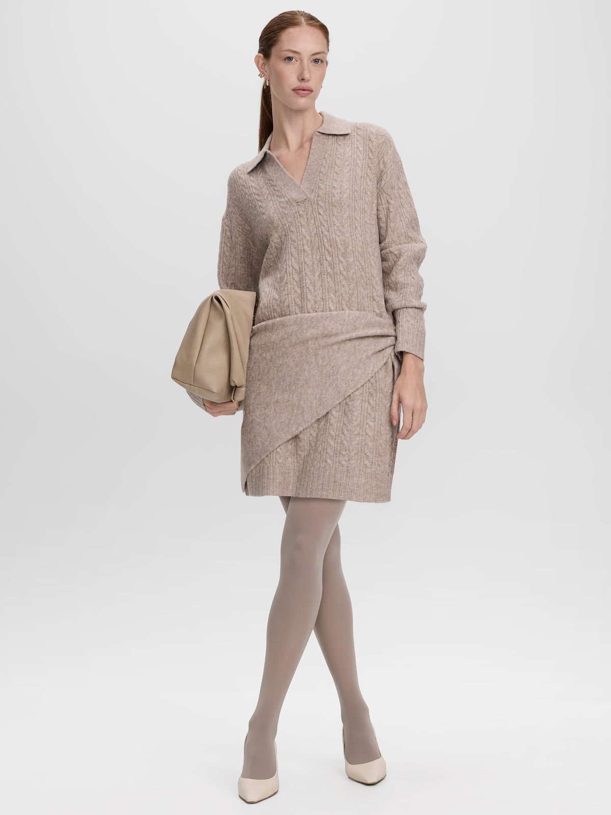 PlushSoft Long-Sleeve Cable-Knit Mini Dress with Johnny Collar