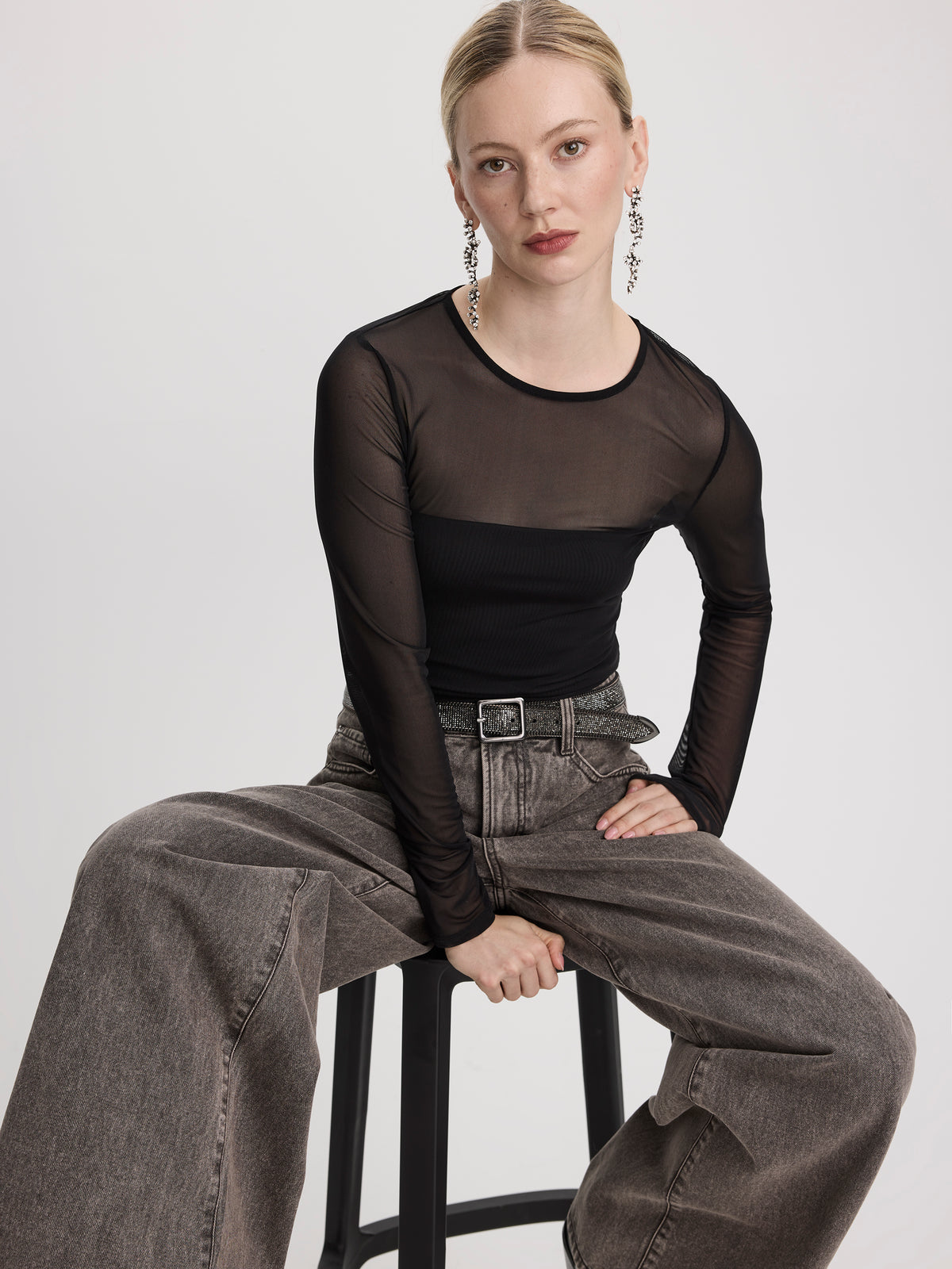 Long-Sleeve Crew-Neck Mesh Bodysuit
