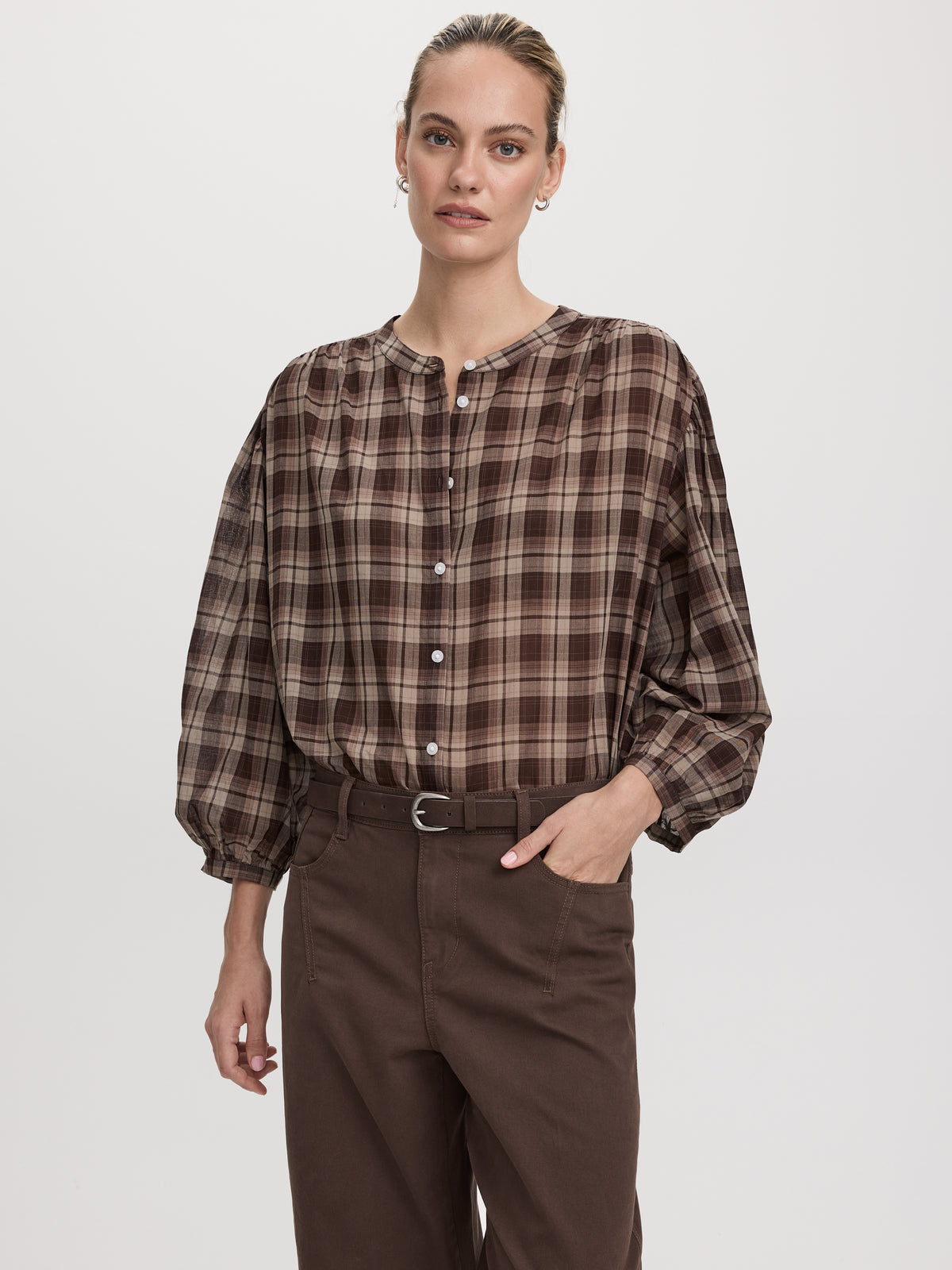 Crew-Neck 3/4-Puffy-Sleeve Blouse
