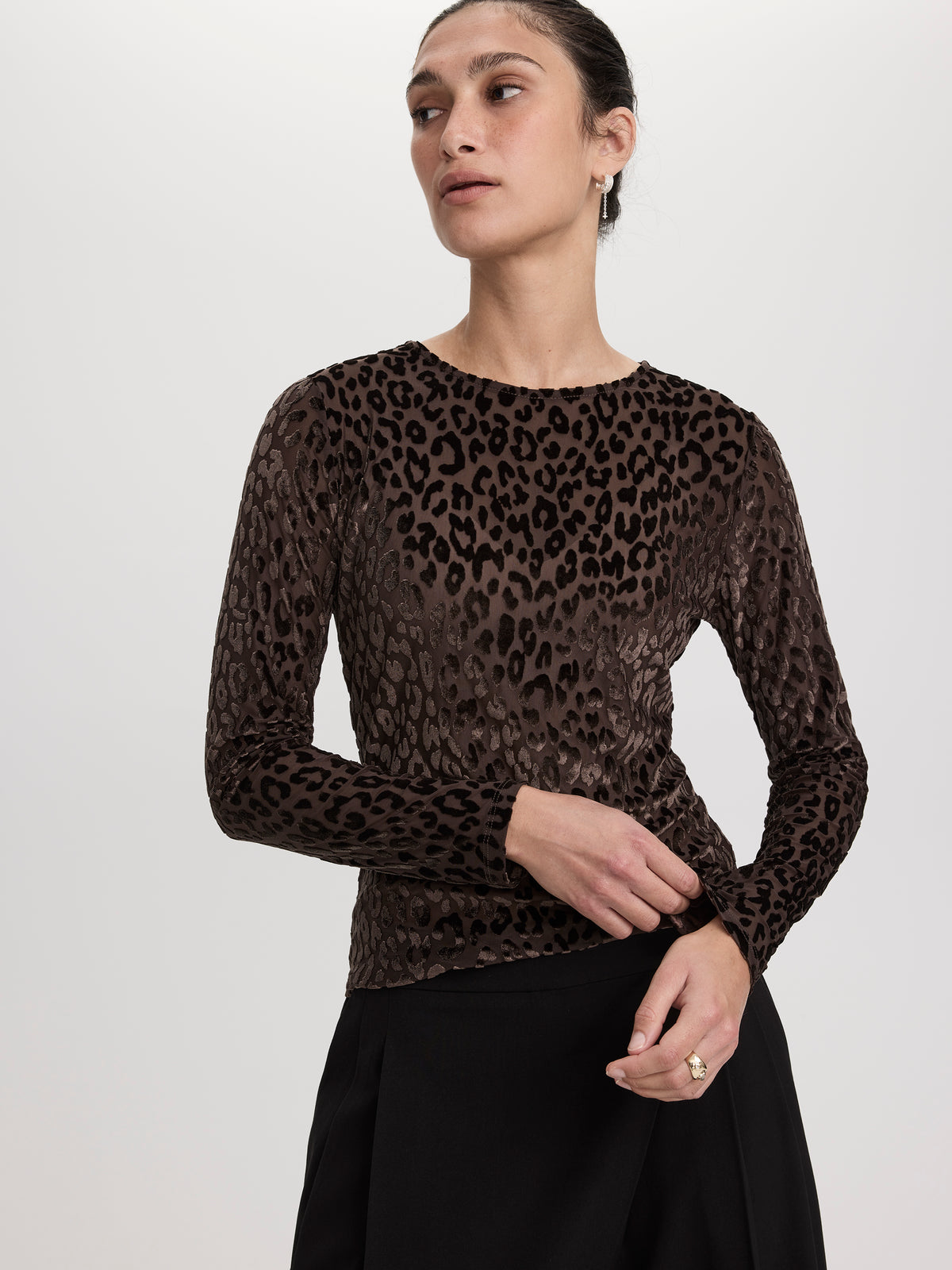 Long-Sleeve Crew-Neck Velvet Top with Burnout Pattern
