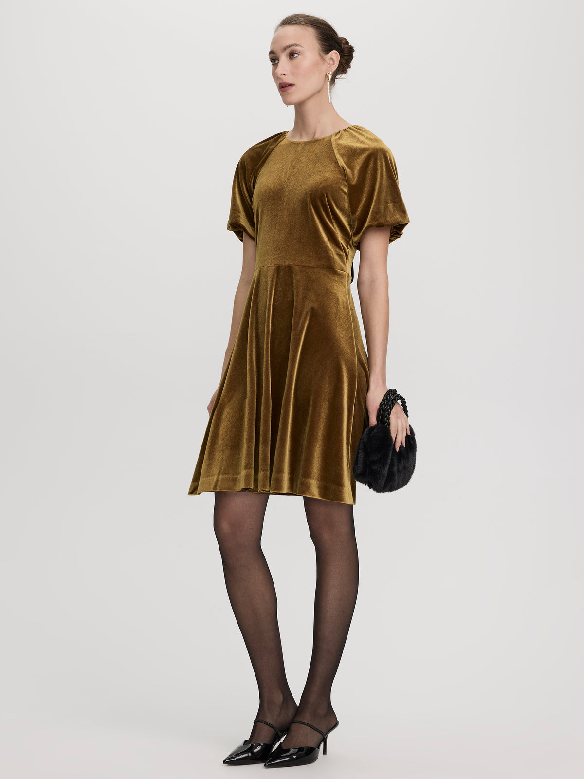 Elbow-Sleeve Velvet Mini Dress with Bow