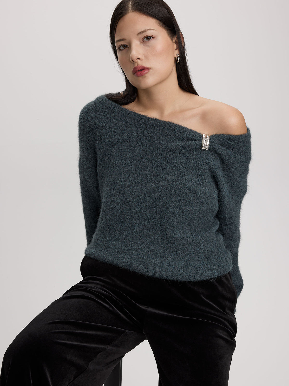 Asymmetric Neck Top with Metal Brooch – Women’s Fabric Blend