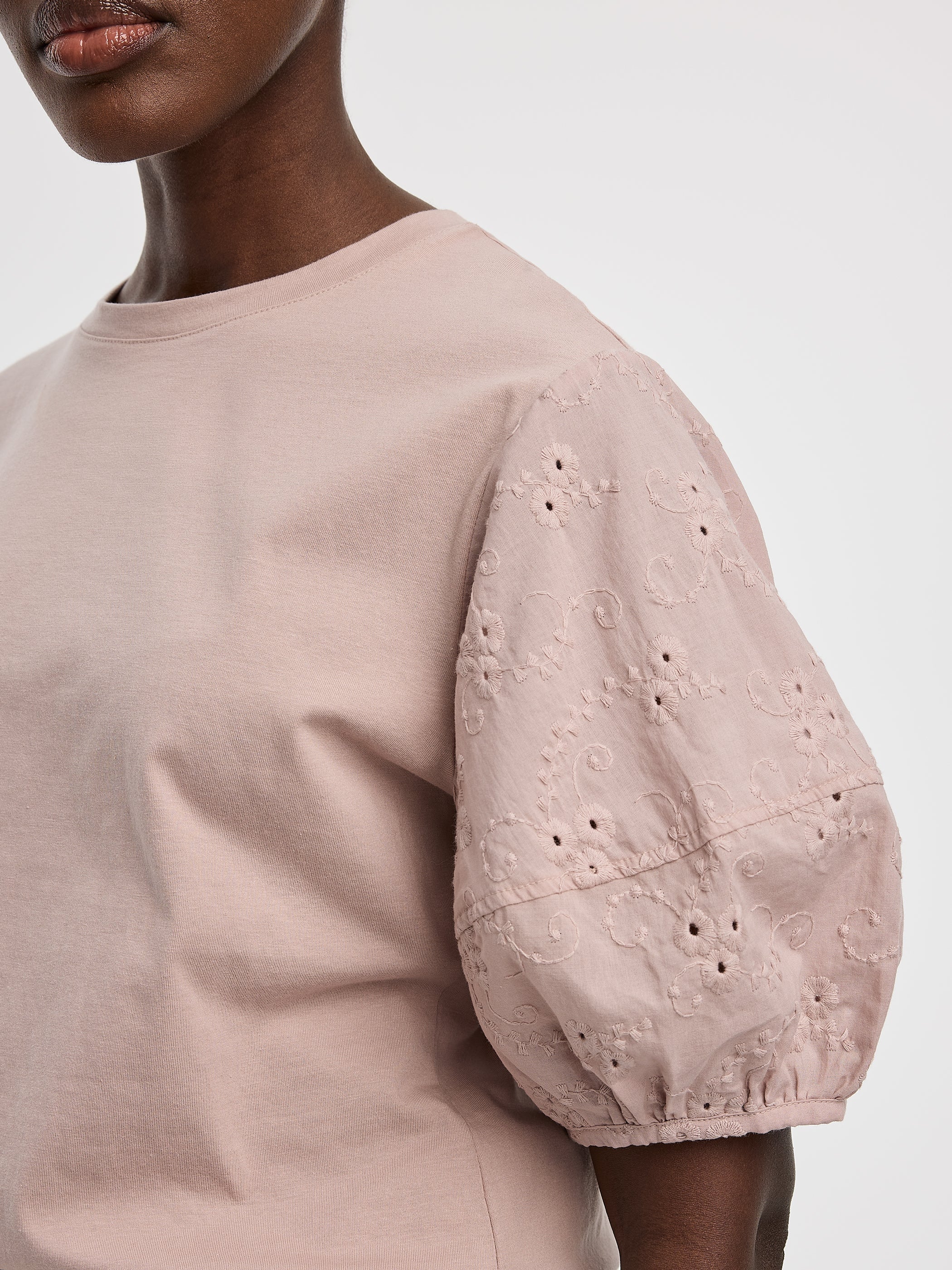 Crew-Neck Mix-Media Top with Short Puffy Sleeves