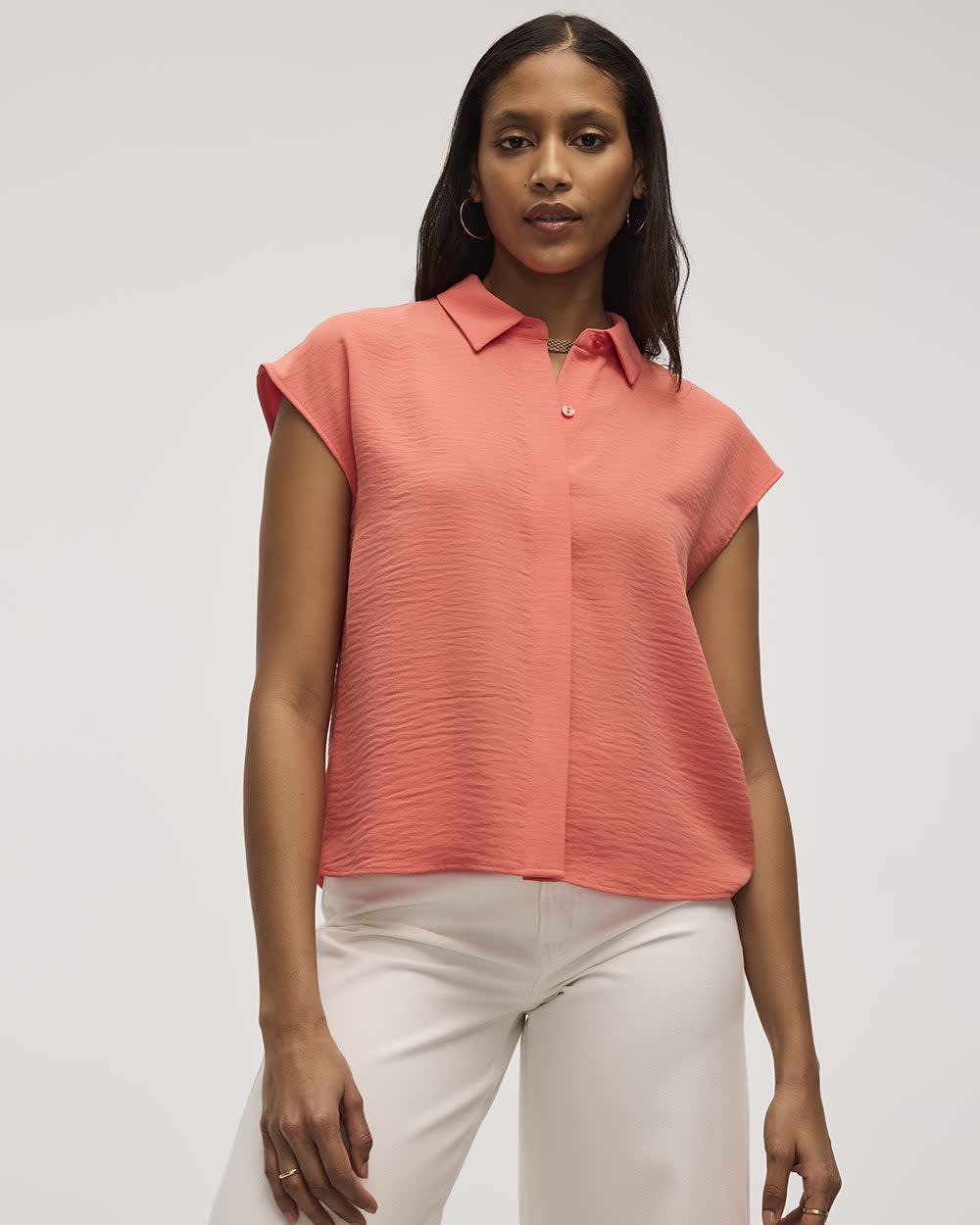 Extended-Sleeve Short Boxy Blouse with Shirt Collar