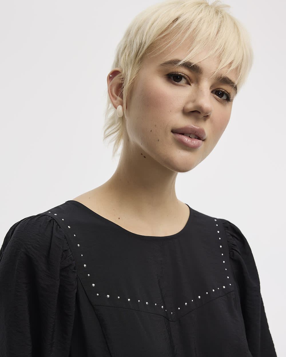 Puffy-Elbow-Sleeve Dress with Crew Neckline