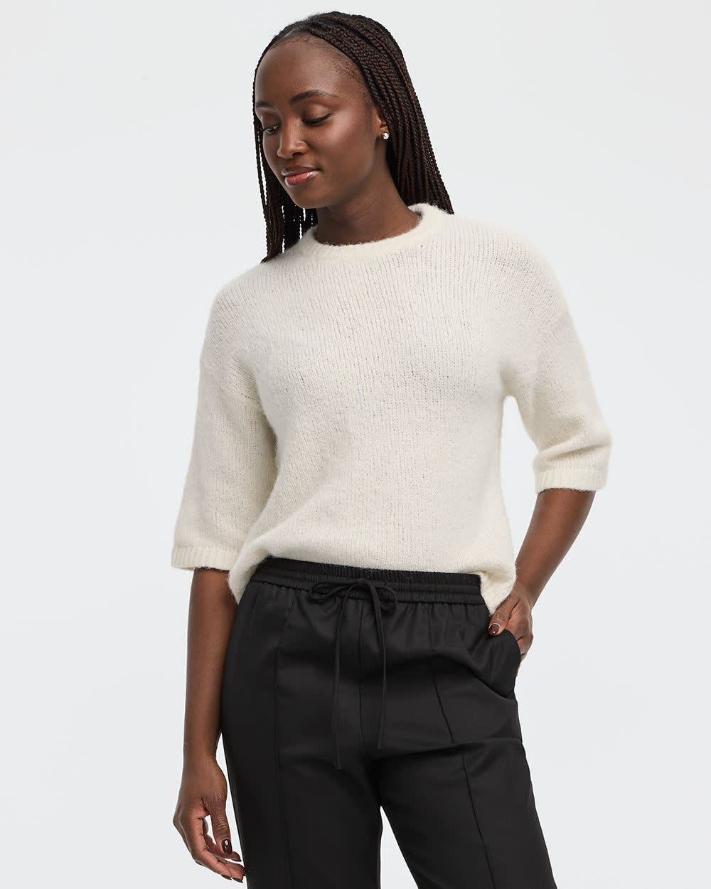 Elbow-Sleeve Crew-Neck Loose Sweater