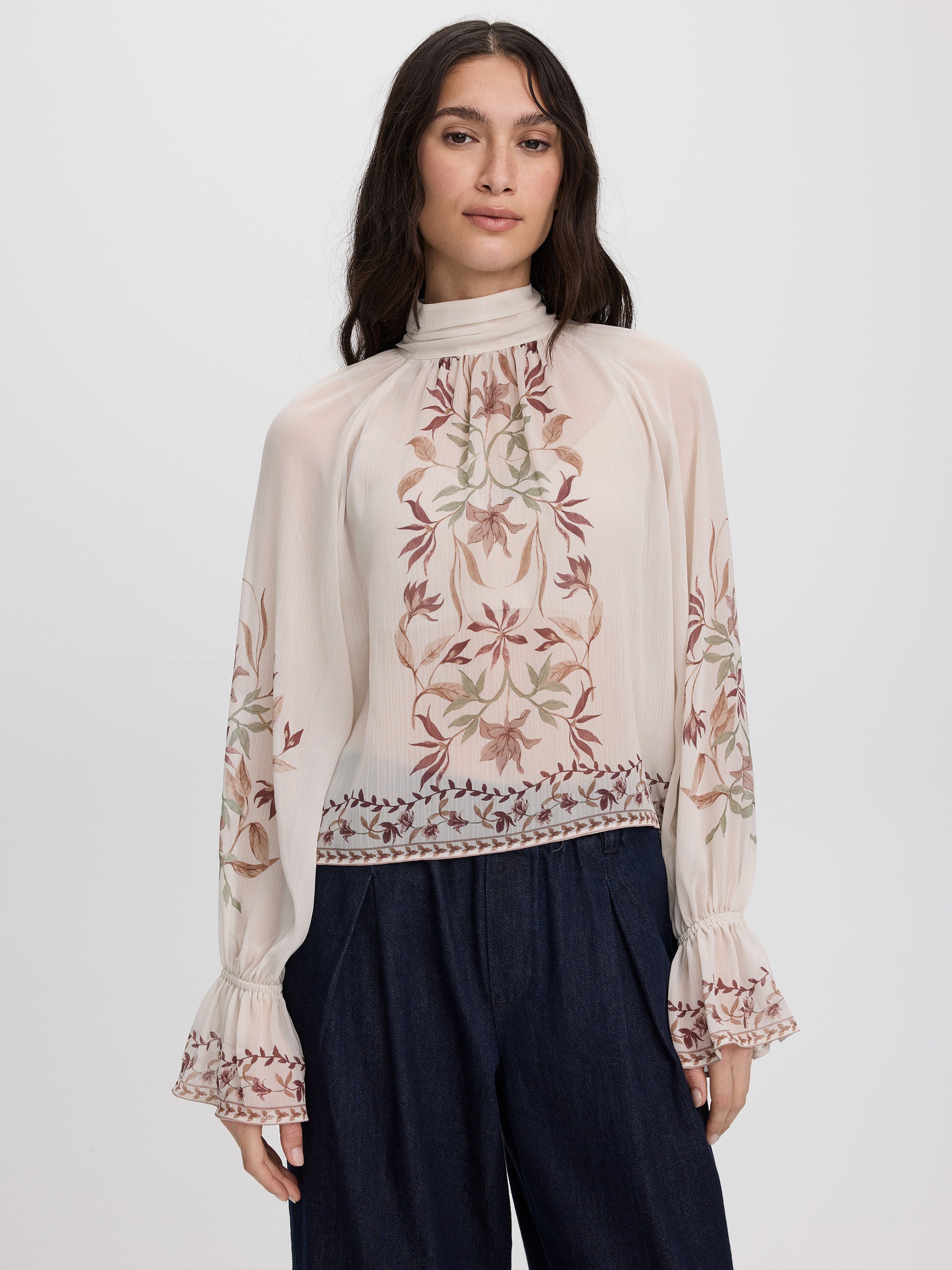 Long-Sleeve Mock-Neck Loose Blouse