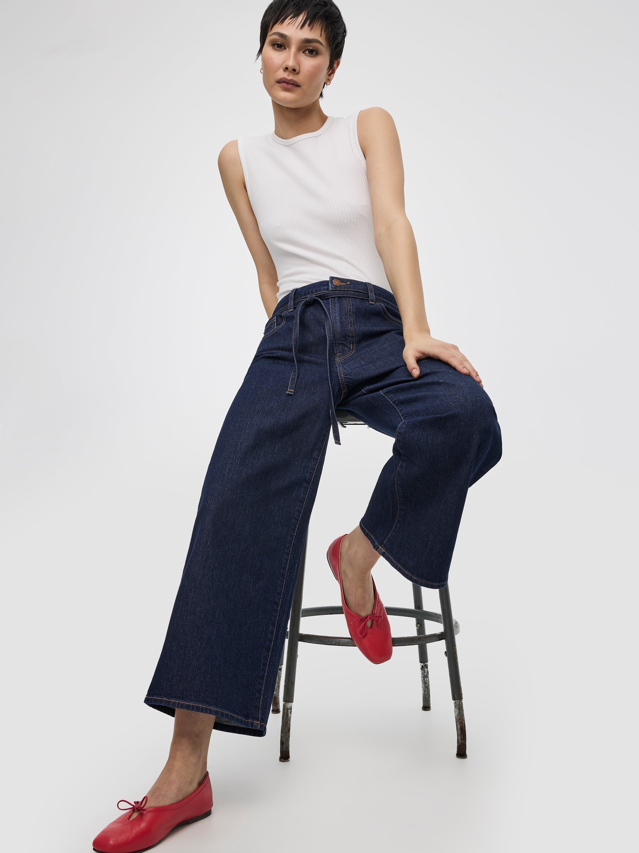 Wide-Leg High-Rise Cropped Jean with Sash