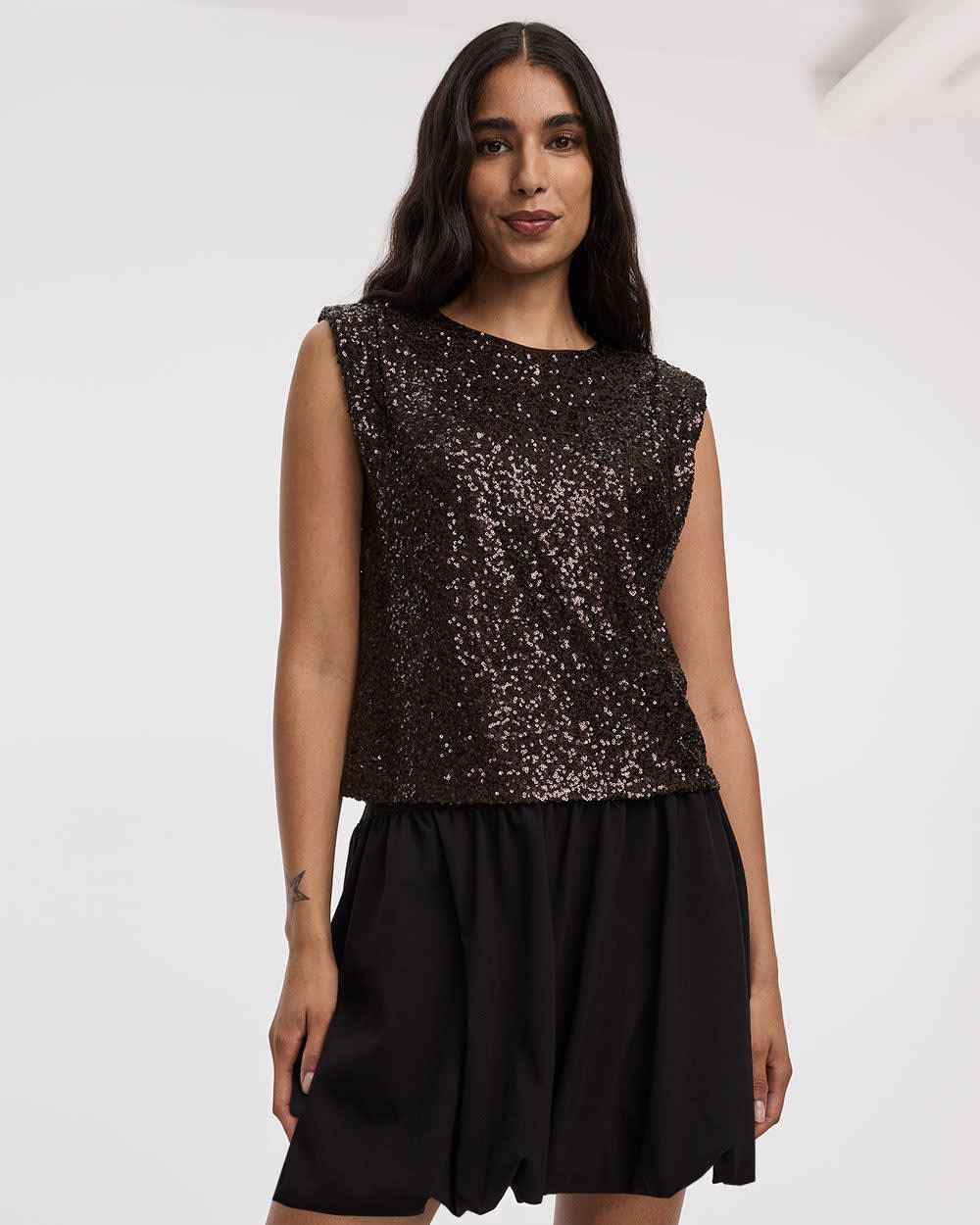 Extended-Sleeve Crew-Neck Sequins Top