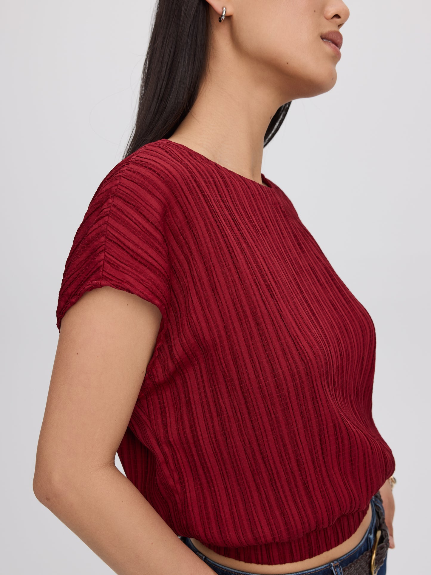 Extended-Sleeve Crew-Neck Blouse with Elasticated Hem