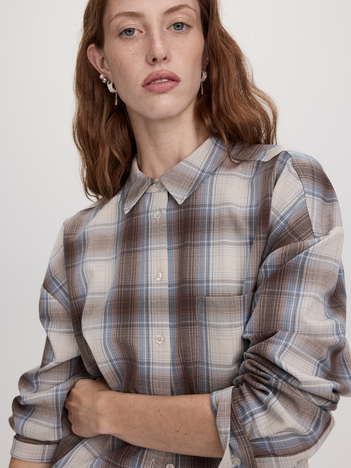 Loose Plaid Blouse with Pocket