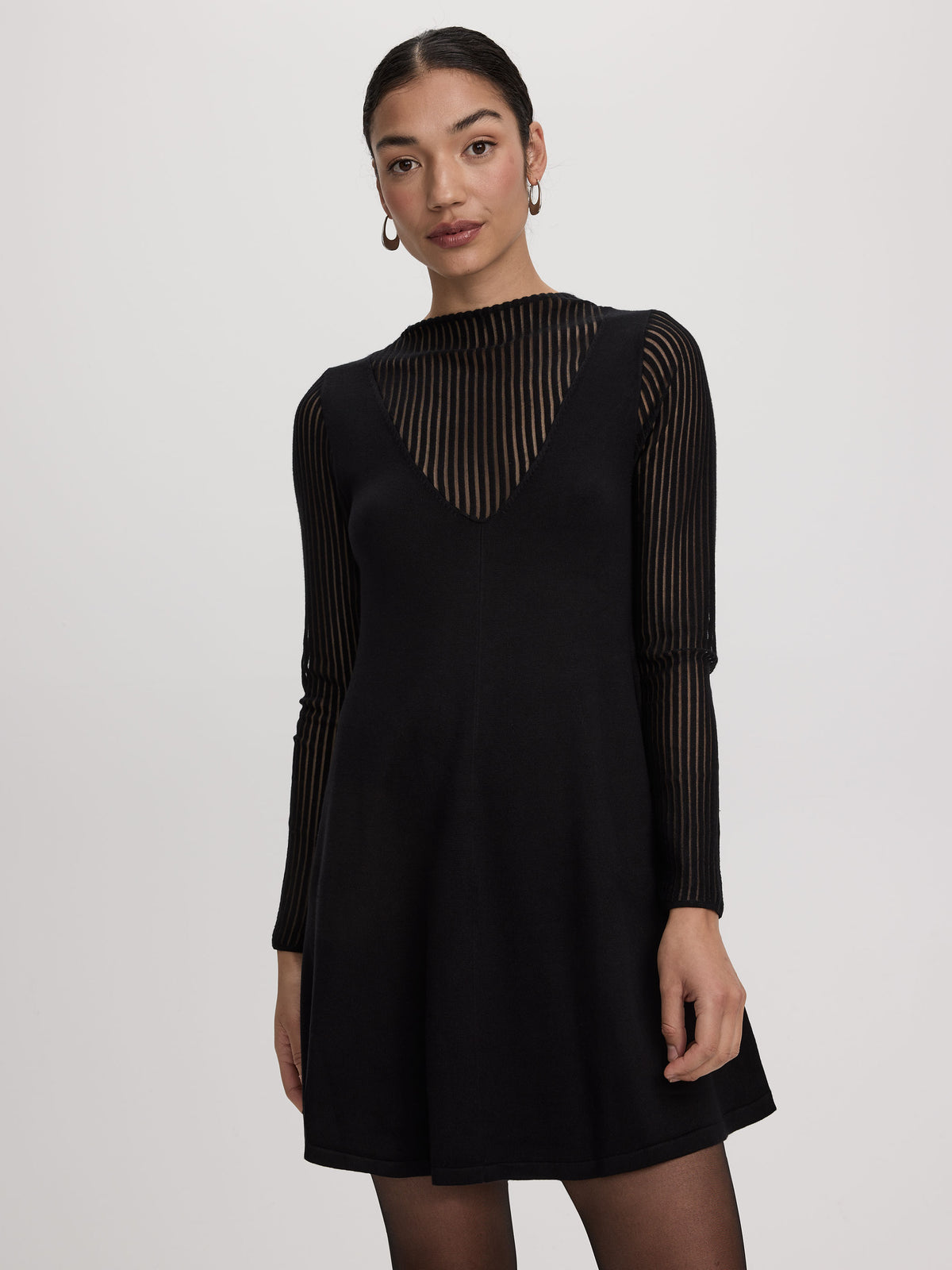 Long-Sleeve Fit-and-Flare Dress with Sheer Yoke